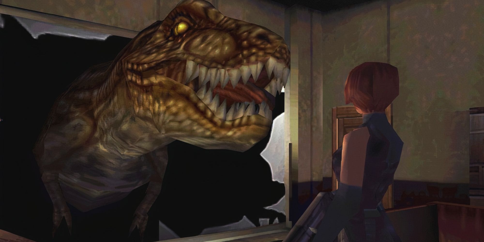Dino Crisis Regina facing down a T-Rex as it comes through a window