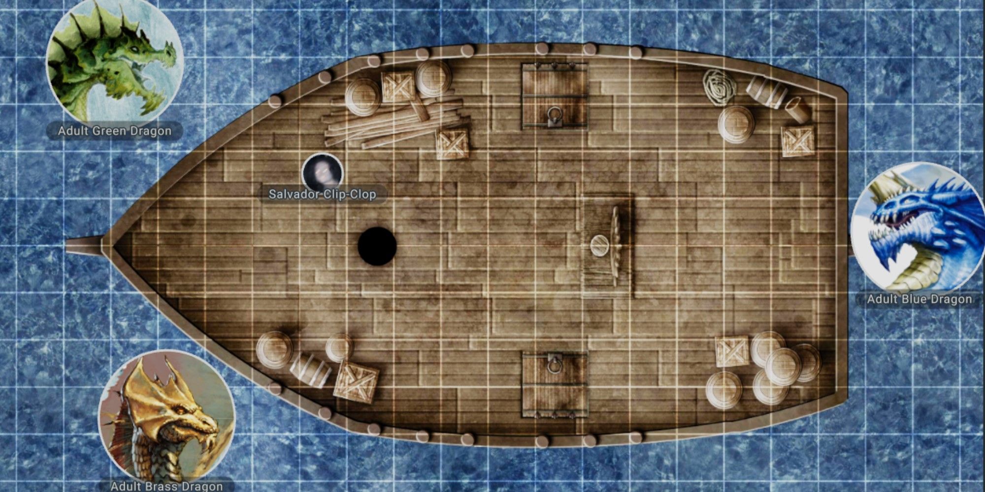 DnD Beyond Maps shows a boat surrounded by dragons.