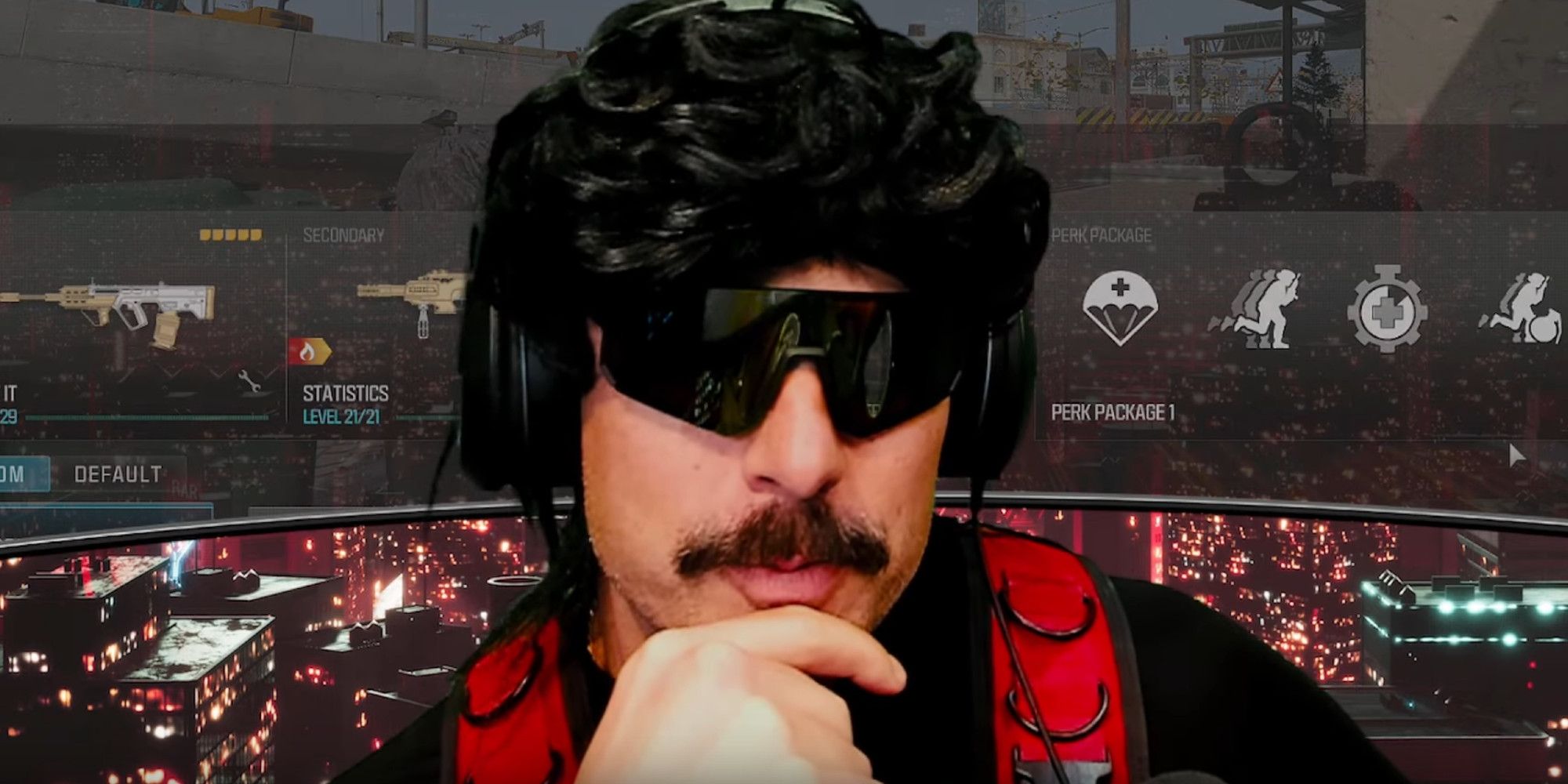 Dr Disrespect with a cAll of Duty Warzone game playing in the background