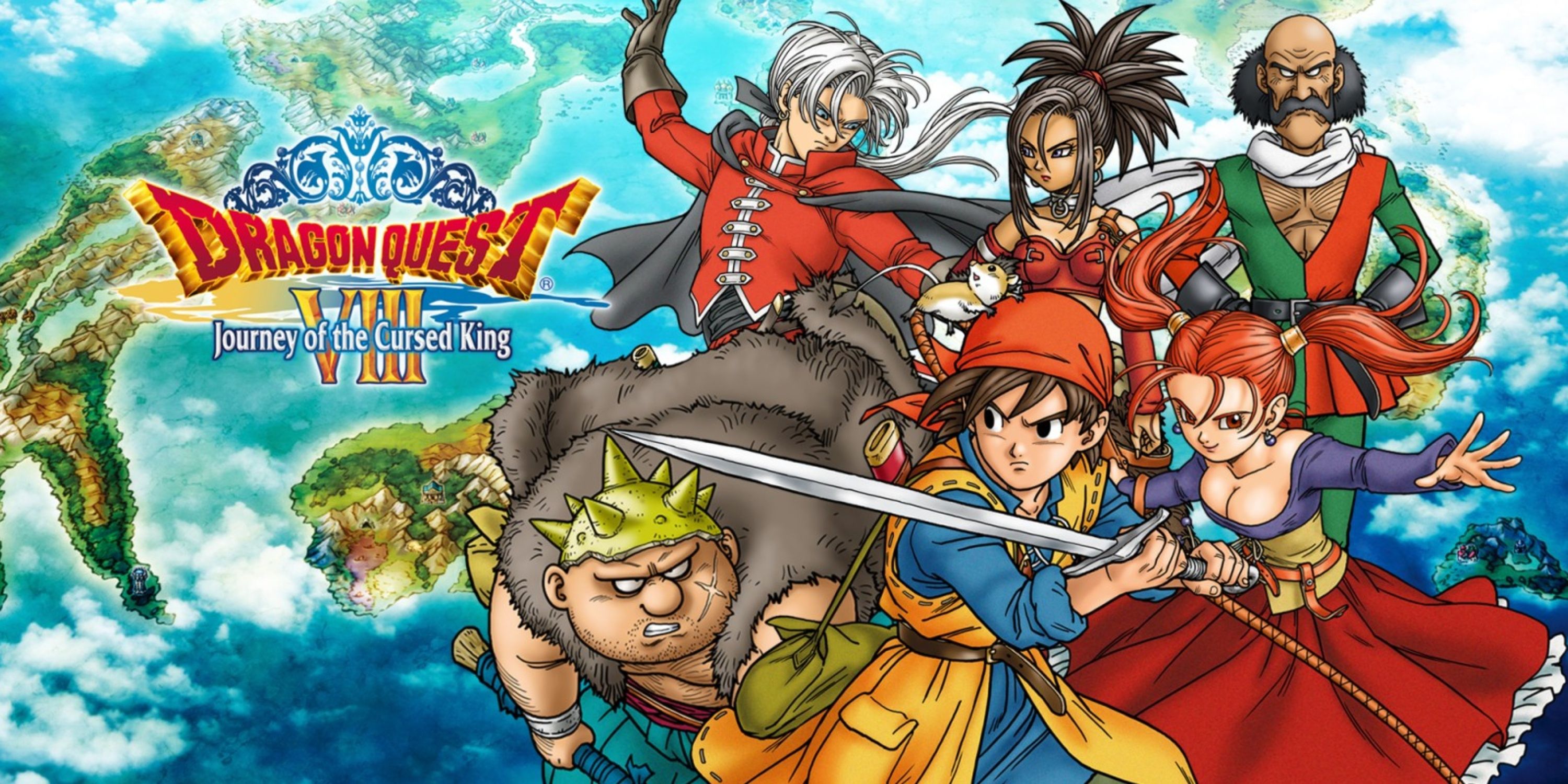 Dragon Quest 8 main characters in front of the game's world map