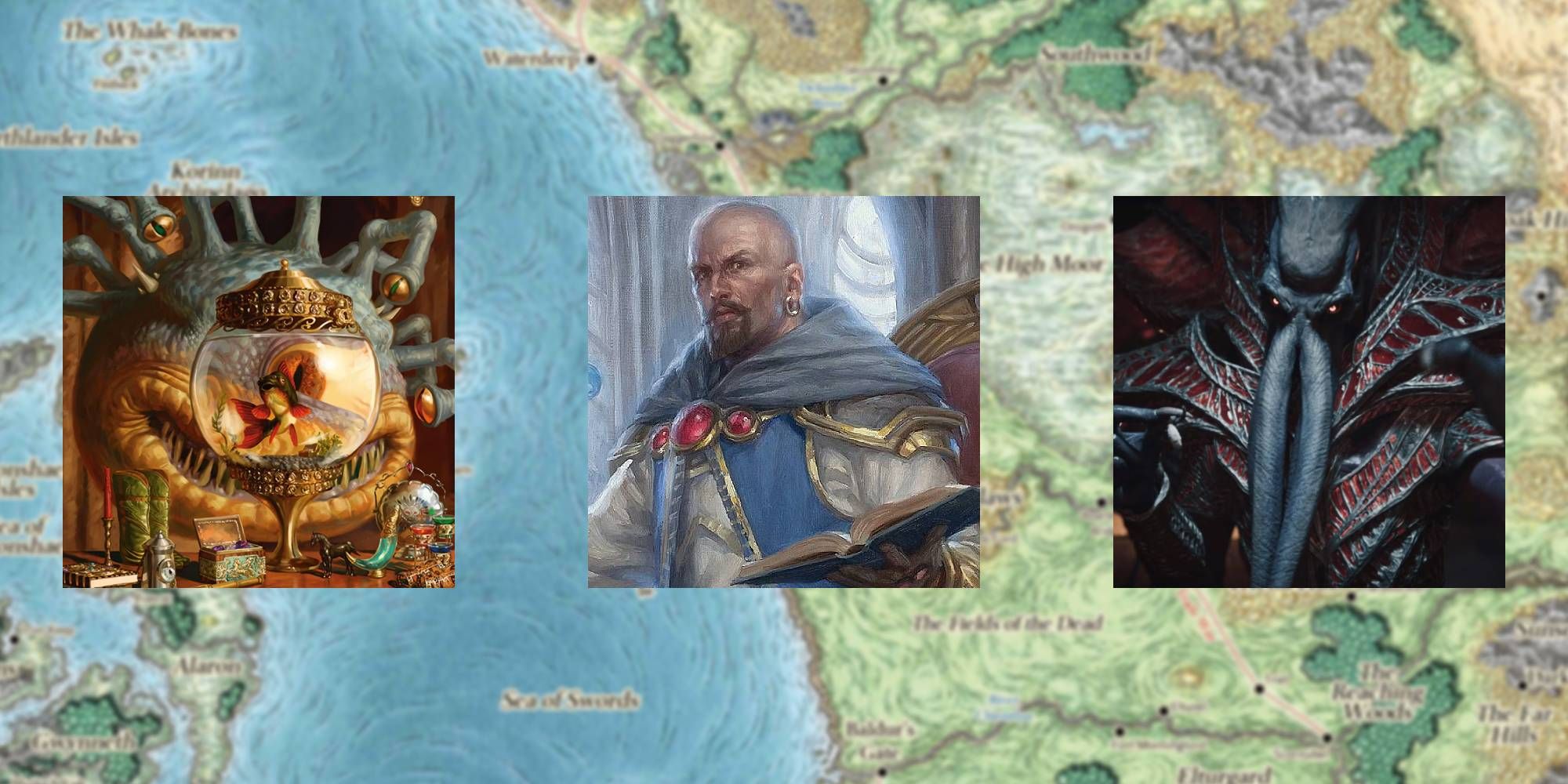 A collage of images over the Faerun map featuring a beholder, Mordenkainen and Mindflayer