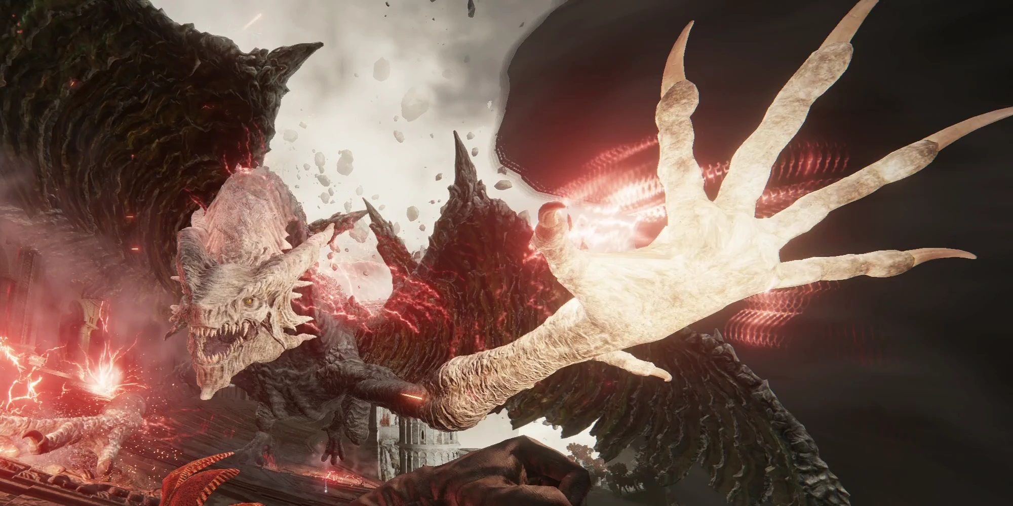 A tarnished warrior fights a Dragon boss from a first-person perspective