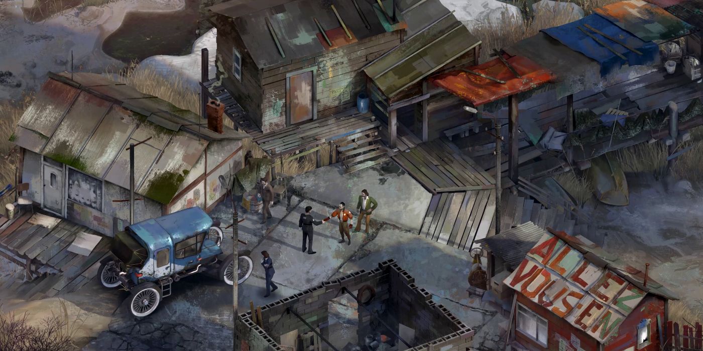 Characters From Disco Elysium Walking Through Town