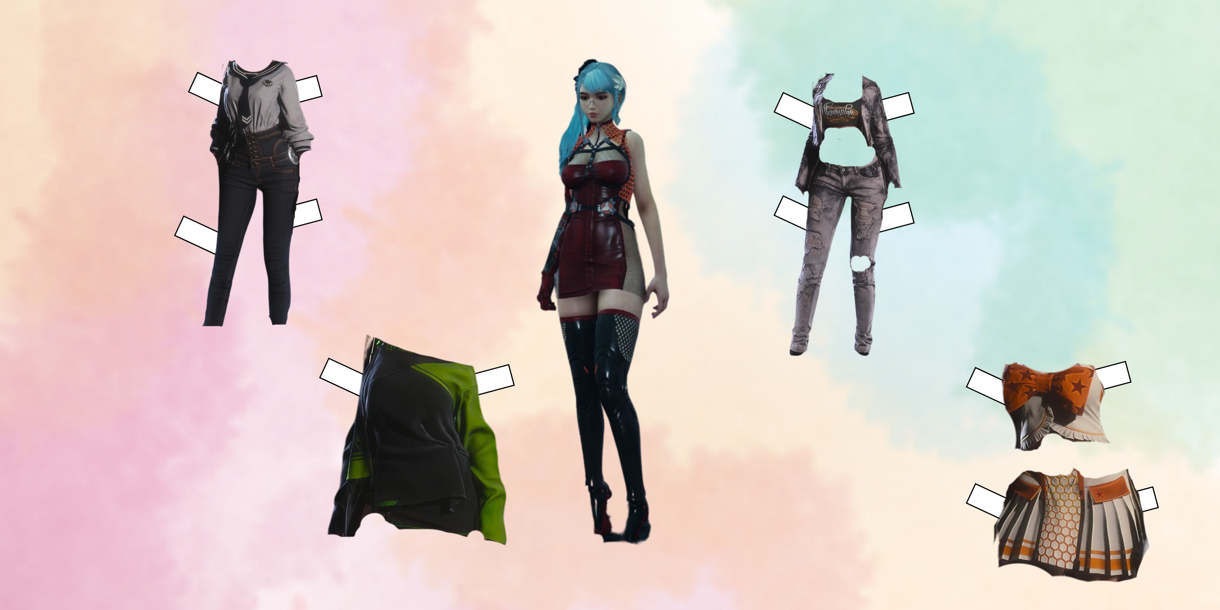Eve from Stellar Blade surrounded by her outfits like a dress up paper doll