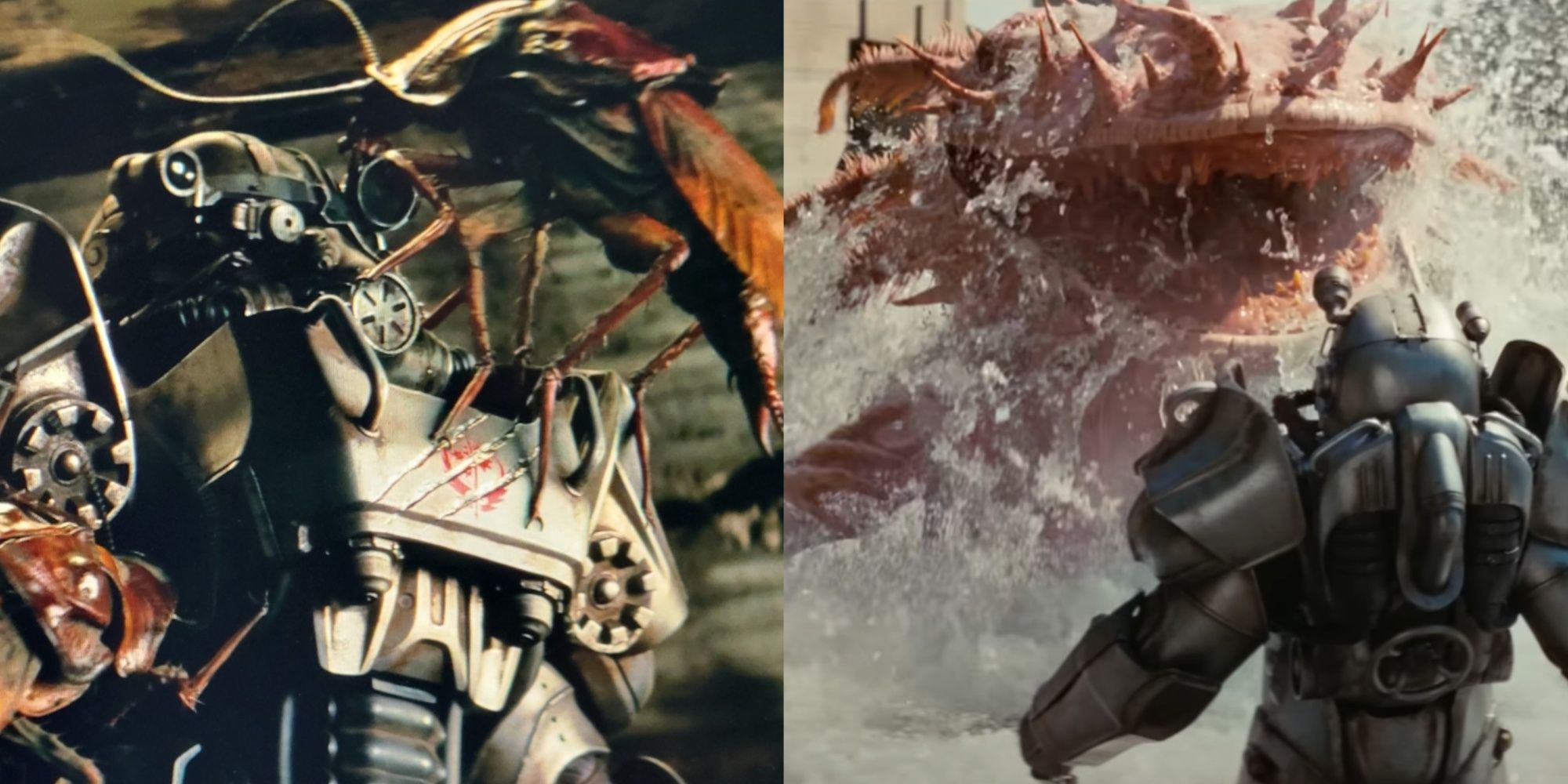 Split-image of Radroaches attacking Maximus in Brotherhood of Steel power armor and Maximus facing a Gulper jumping out of the water in the same armor.
