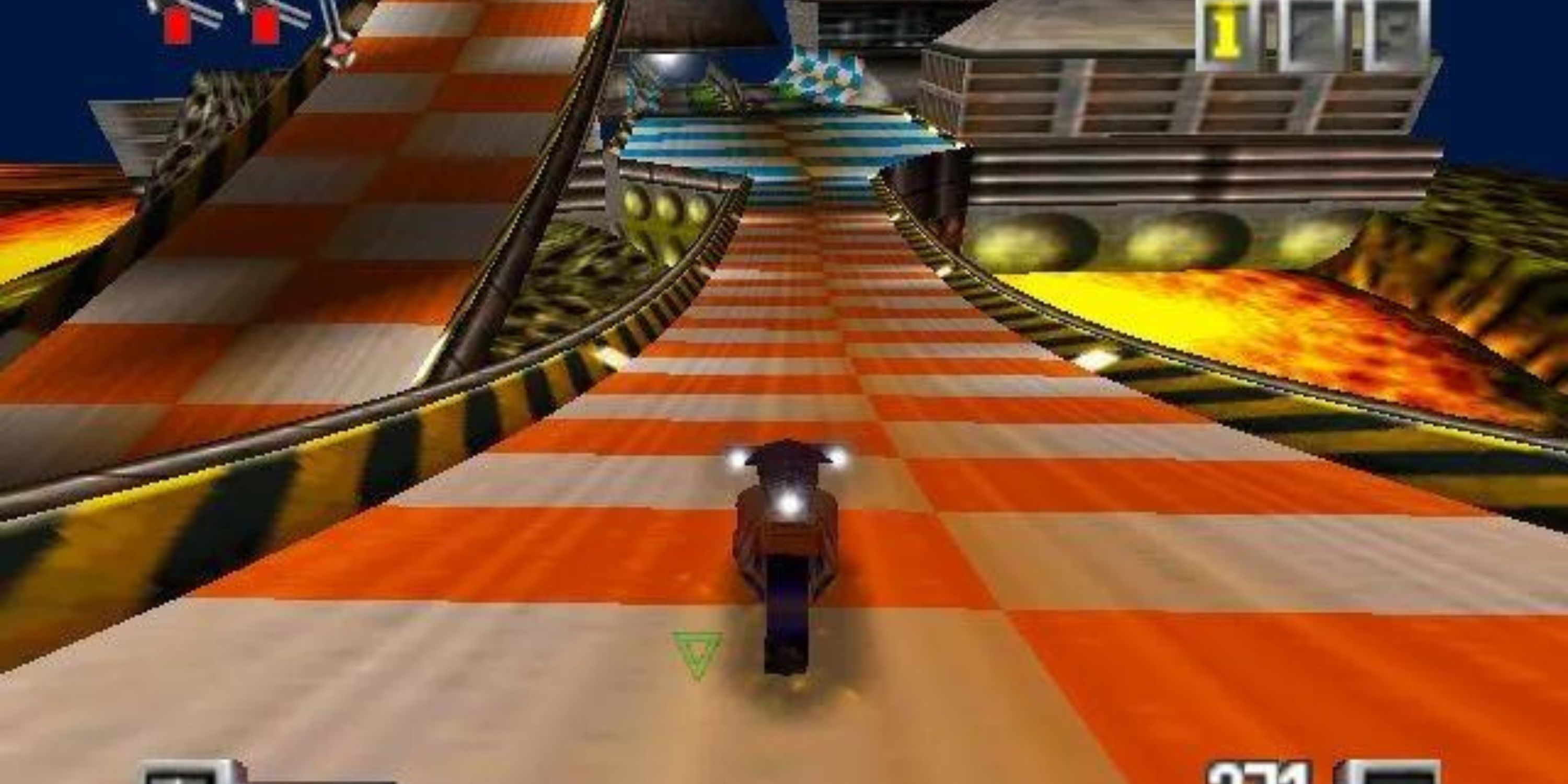 A bike soars down a checkered track in Extreme-G.