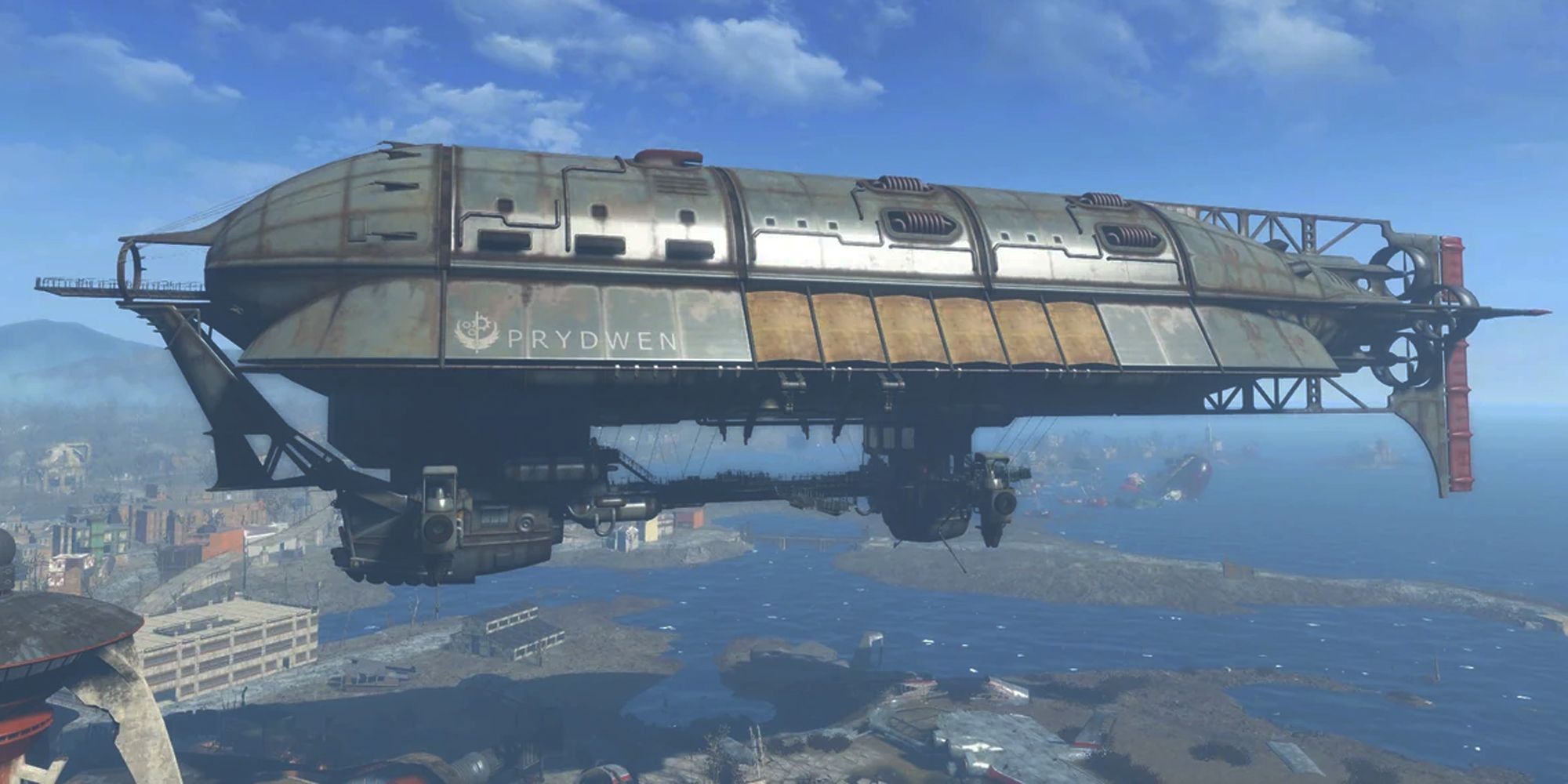 Fallout 4 Brotherhood of Steel airship flying in the sky