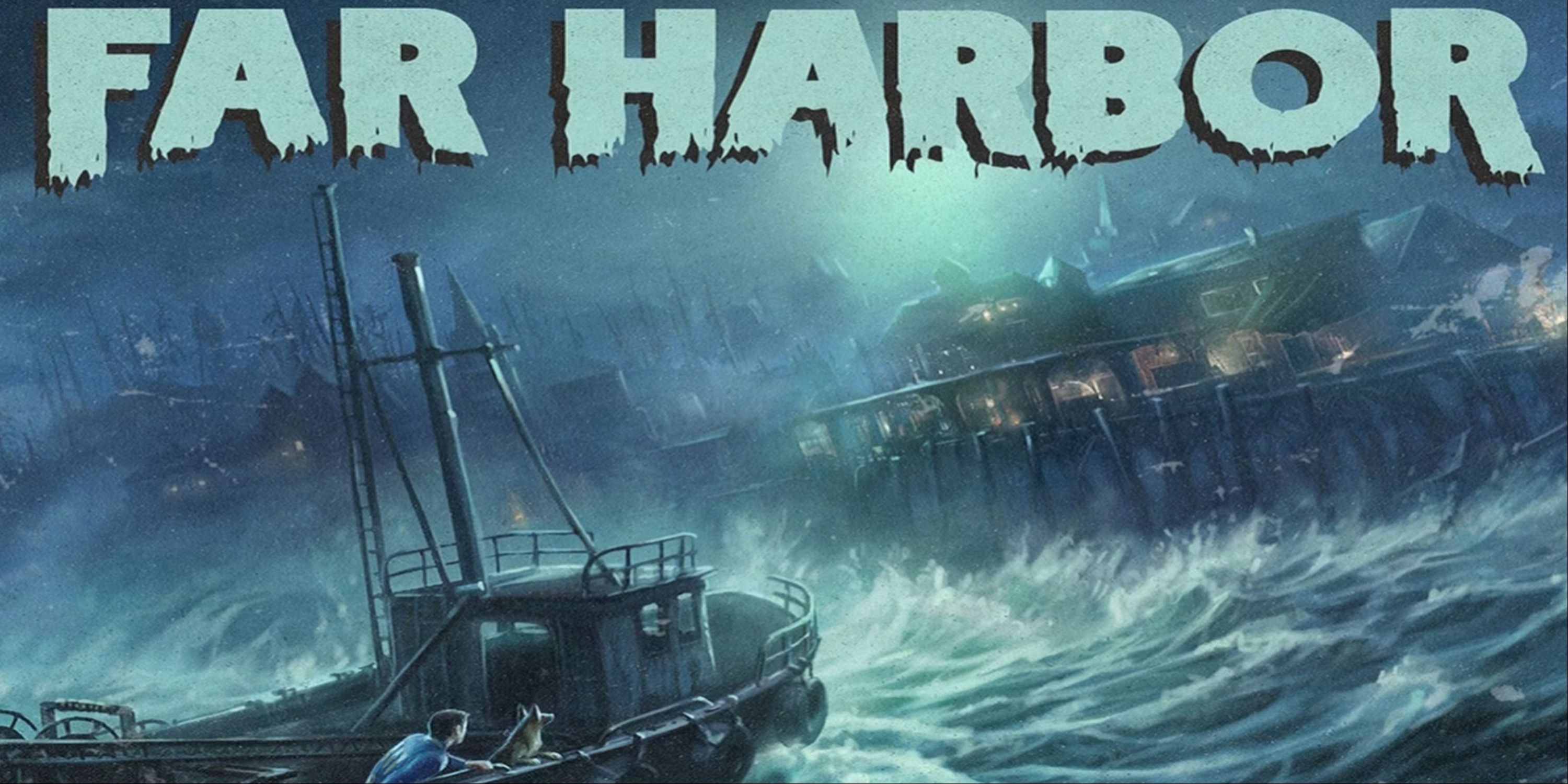 A ship on rough seas by the island's coast next to the Far Harbor title. 