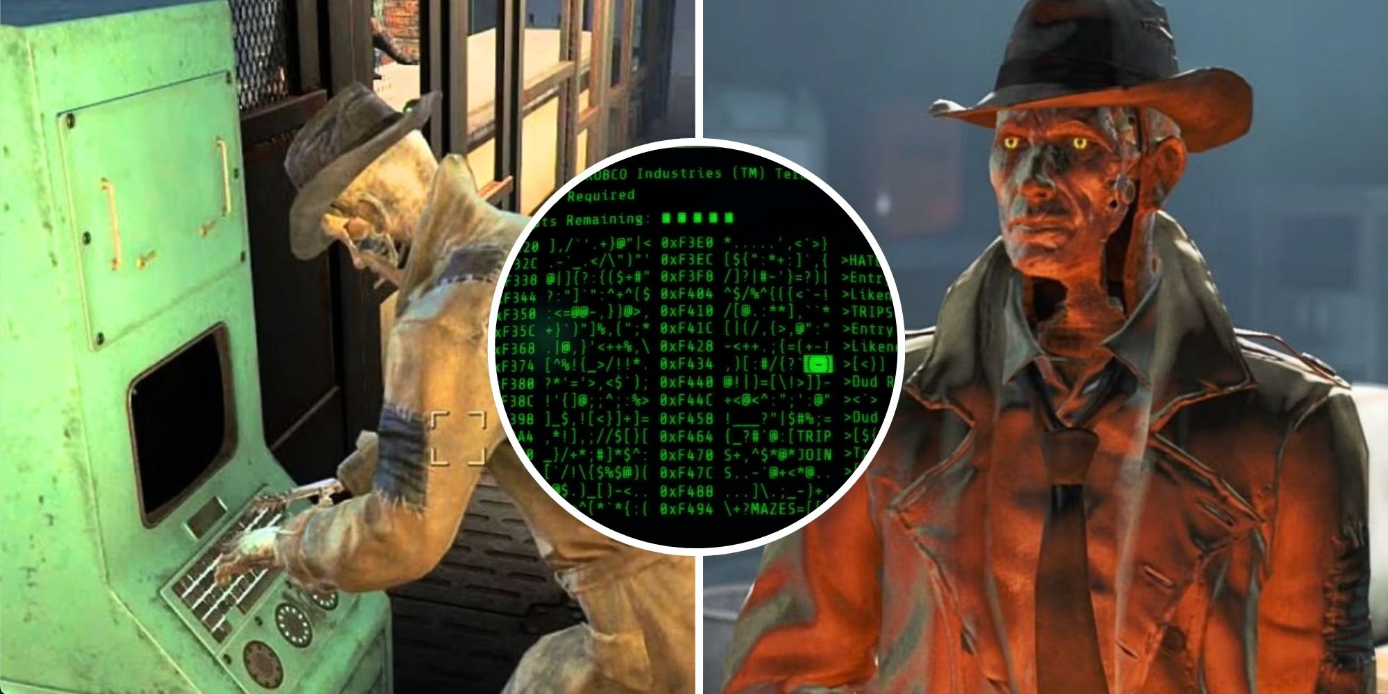 Split image screenshots of Nick Valentine hacking a terminal and a mid shot of Nick Valentine in Fallout 4 with hacking terminal in center