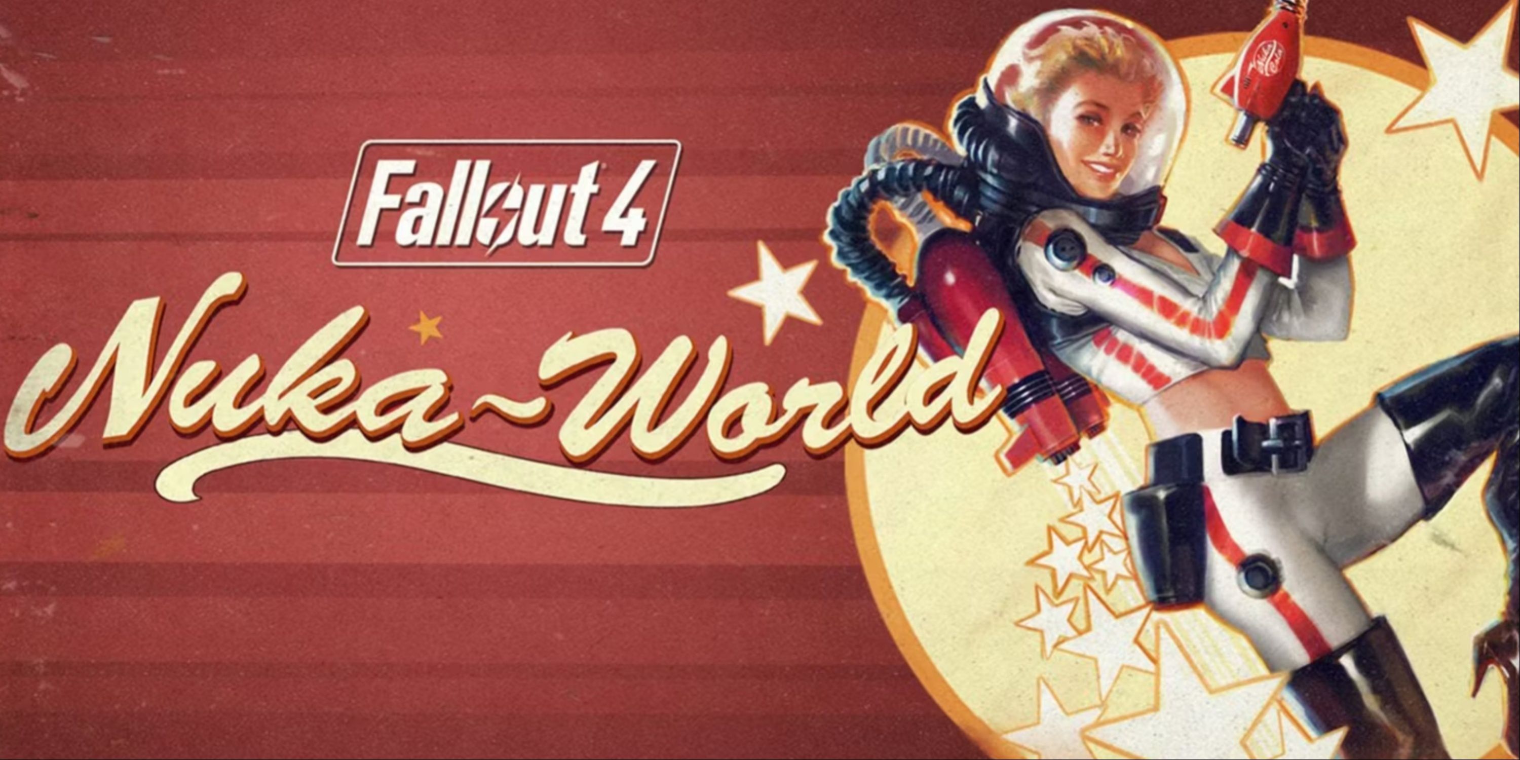 A girl in a outfit resembling a spacesuit with a fake laser gun in front of the Nuka World logo.