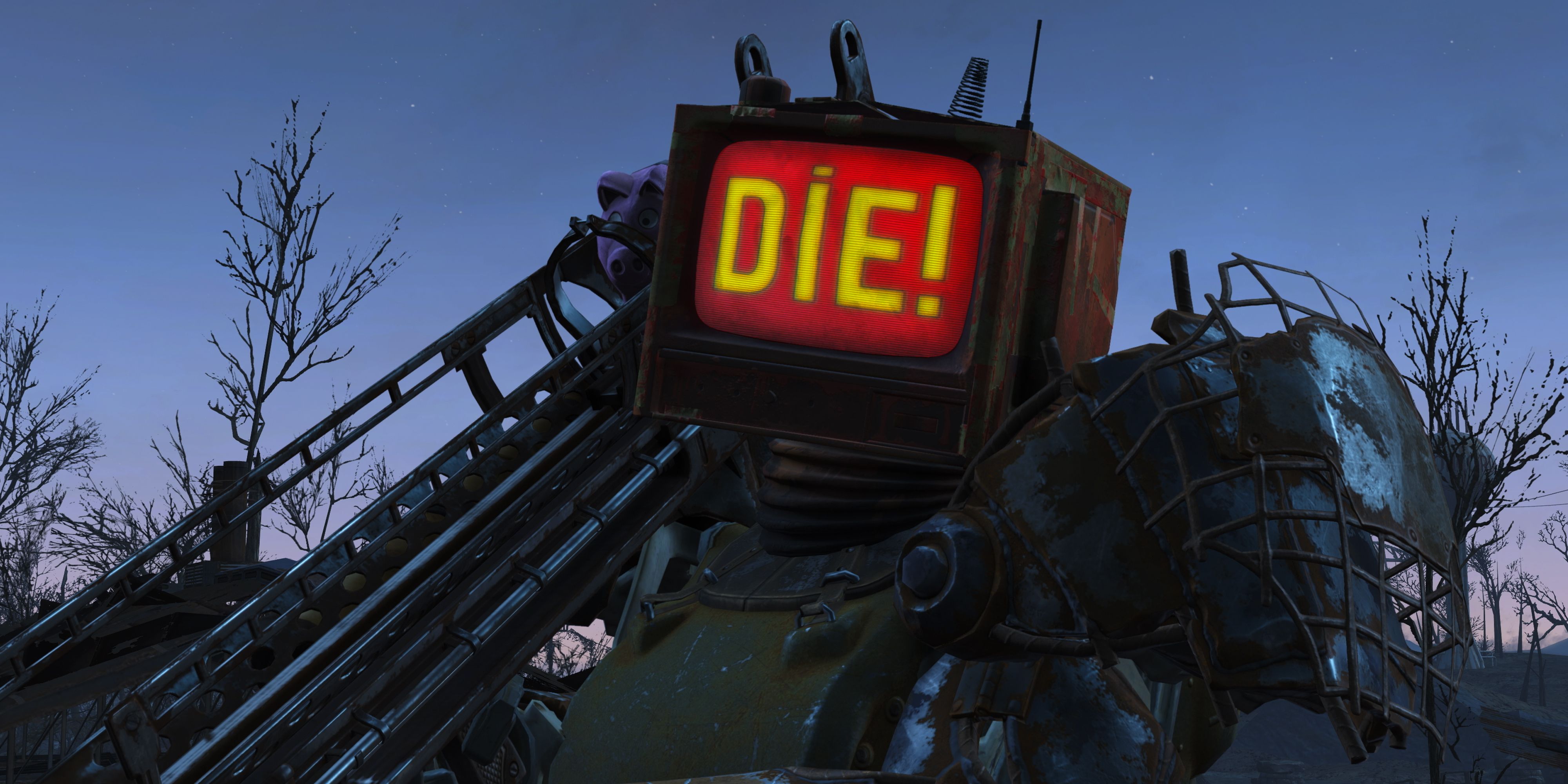 Fallout 4 player in power armour with a TV on their head showing the word DIE
