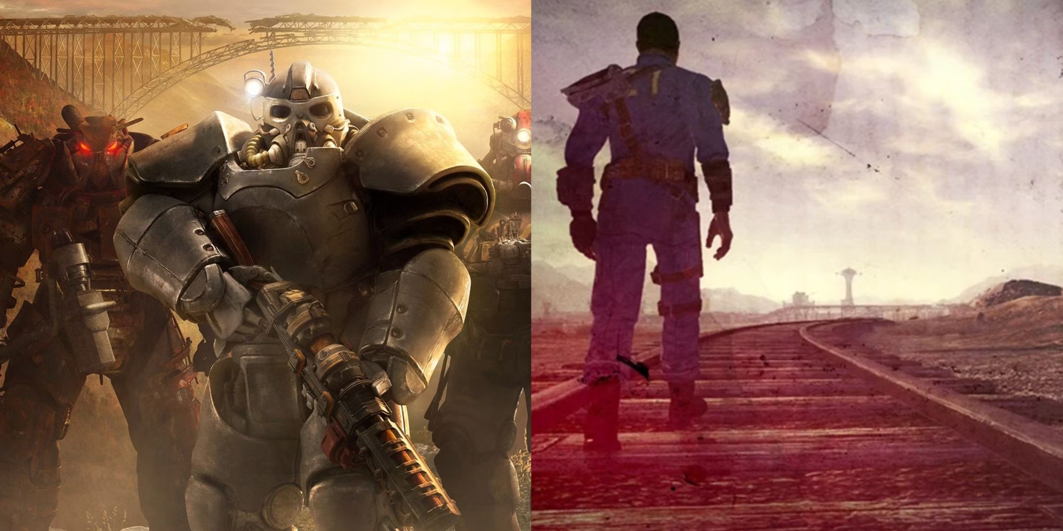 Fallout 76 power armor key art and the Courier in an ending picture from Fallout New Vegas