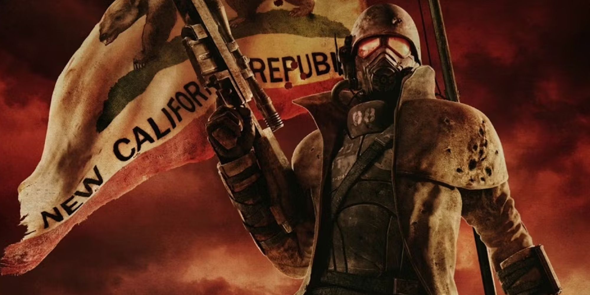 Fallout New Vegas NCR ranger standing in front of NCR flag