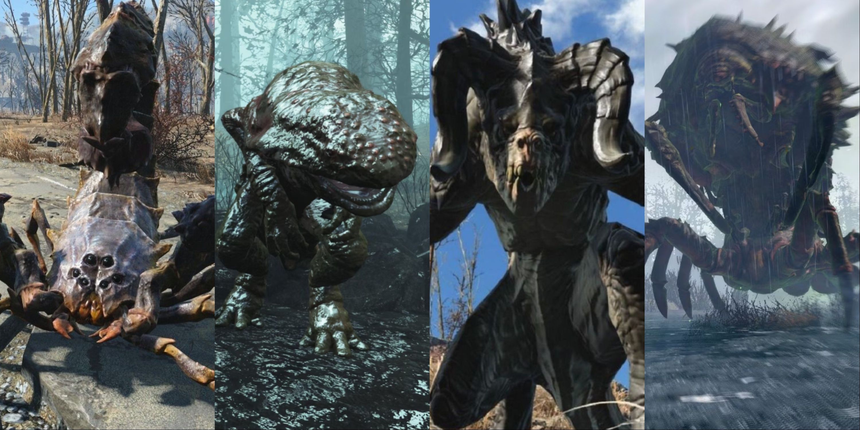 A view of a radscorpion, a gulper, a deathclaw, and a mirelurk queen from Fallout