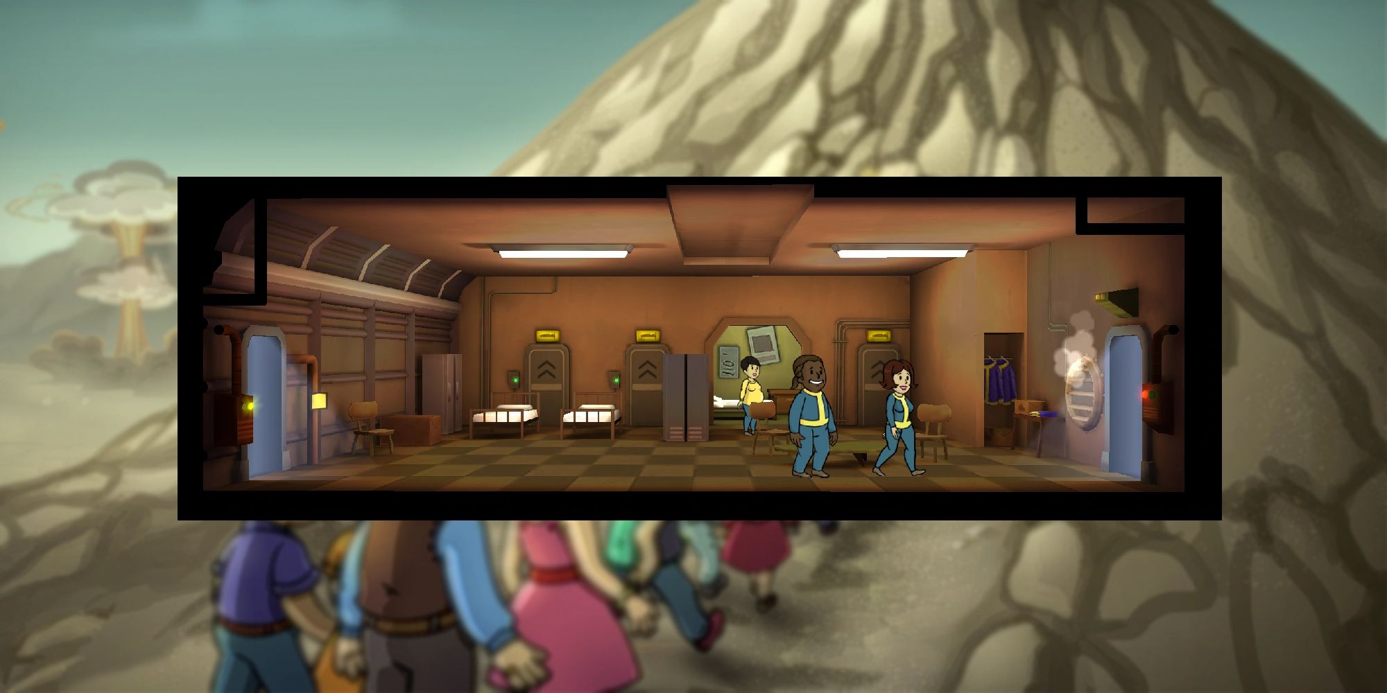 An image from Fallout Shelter of the Living Room, where you dwellers will rest and relax when they are not working.