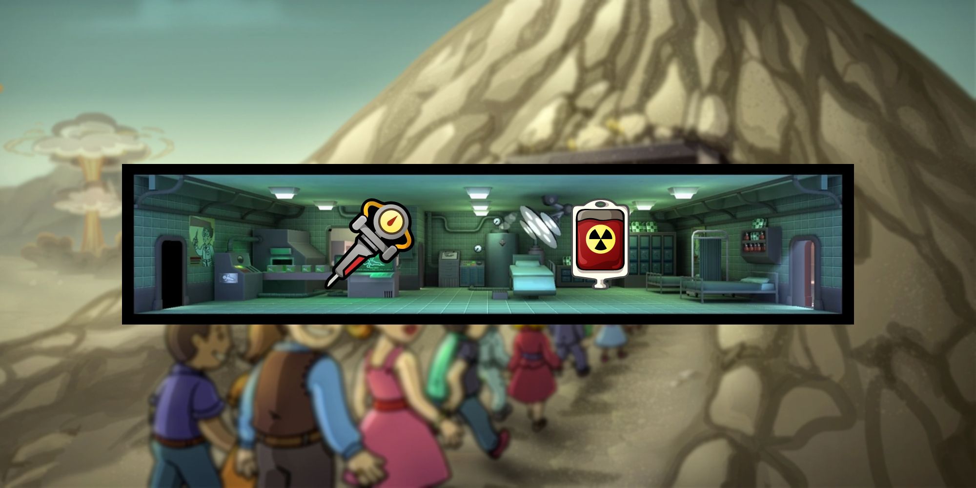 An image from Fallout Shelter that showcases the Medbay, a stimpak, and a radaway. 