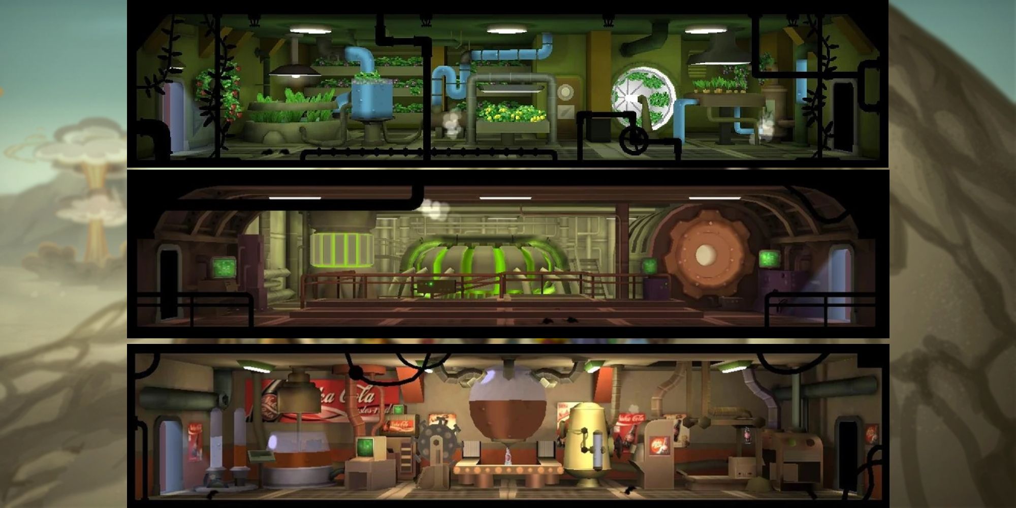 An image in Fallout Shelter of three Production Rooms, named the Nuclear Reactor, the Garden, and the Nuka-Cola Bottler.