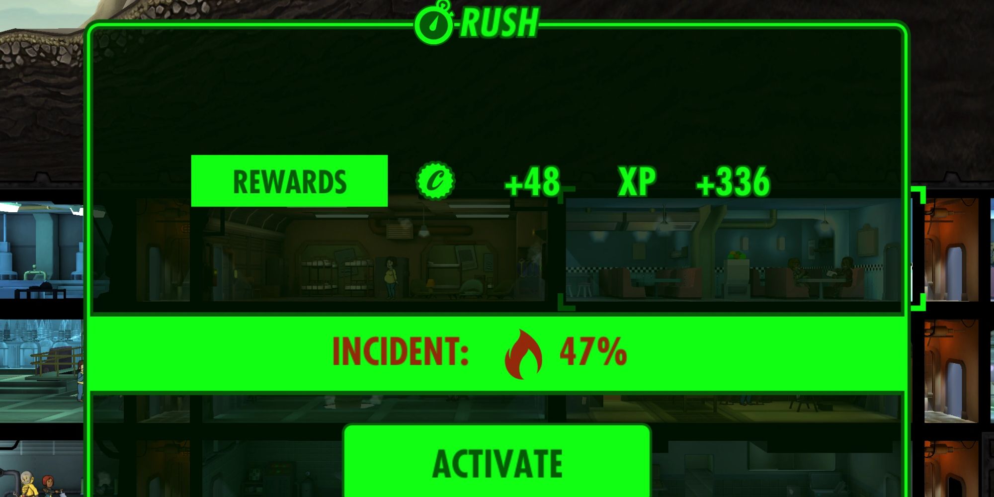 An image from Fallout Shelter that showcasing the Rushing Menu. This allows you to earn more rewards and happiness, at the risk of losing these rewards.