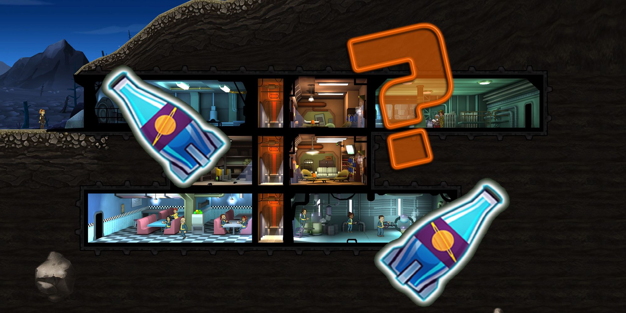 A Fallout Shelter vault with two large Nuka Cola bottles and an orange question mark.