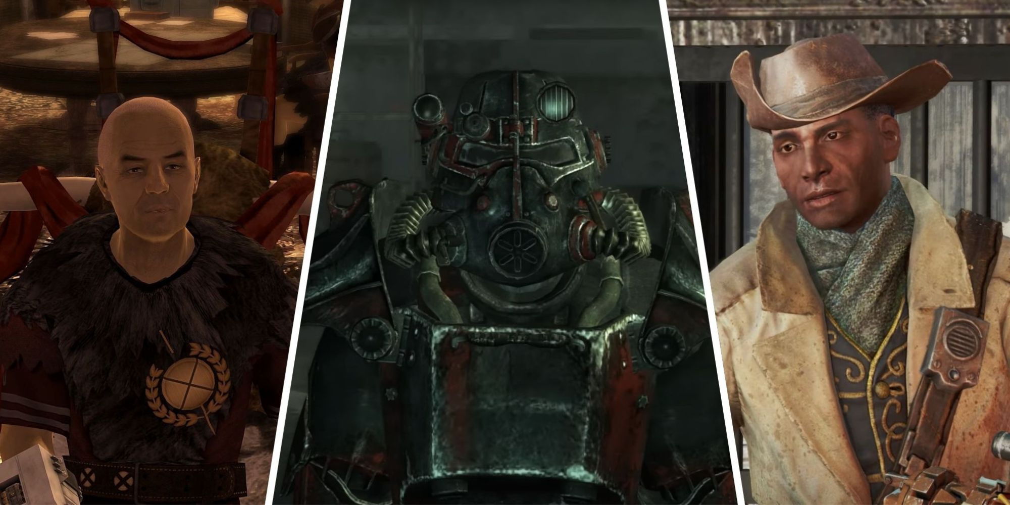 Fallout Split image of Caesar, Brotherhood of Steel, and Preston Garvey