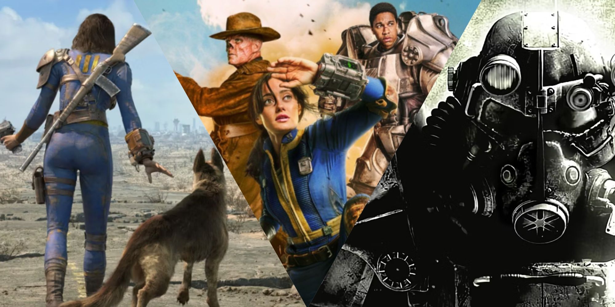 Three-image collage of the protagonist and Dogmeat from Fallout 4, the main trio of The Ghoul, Lucy, and Maximus from the TV show, and the cover art of Fallout 3.