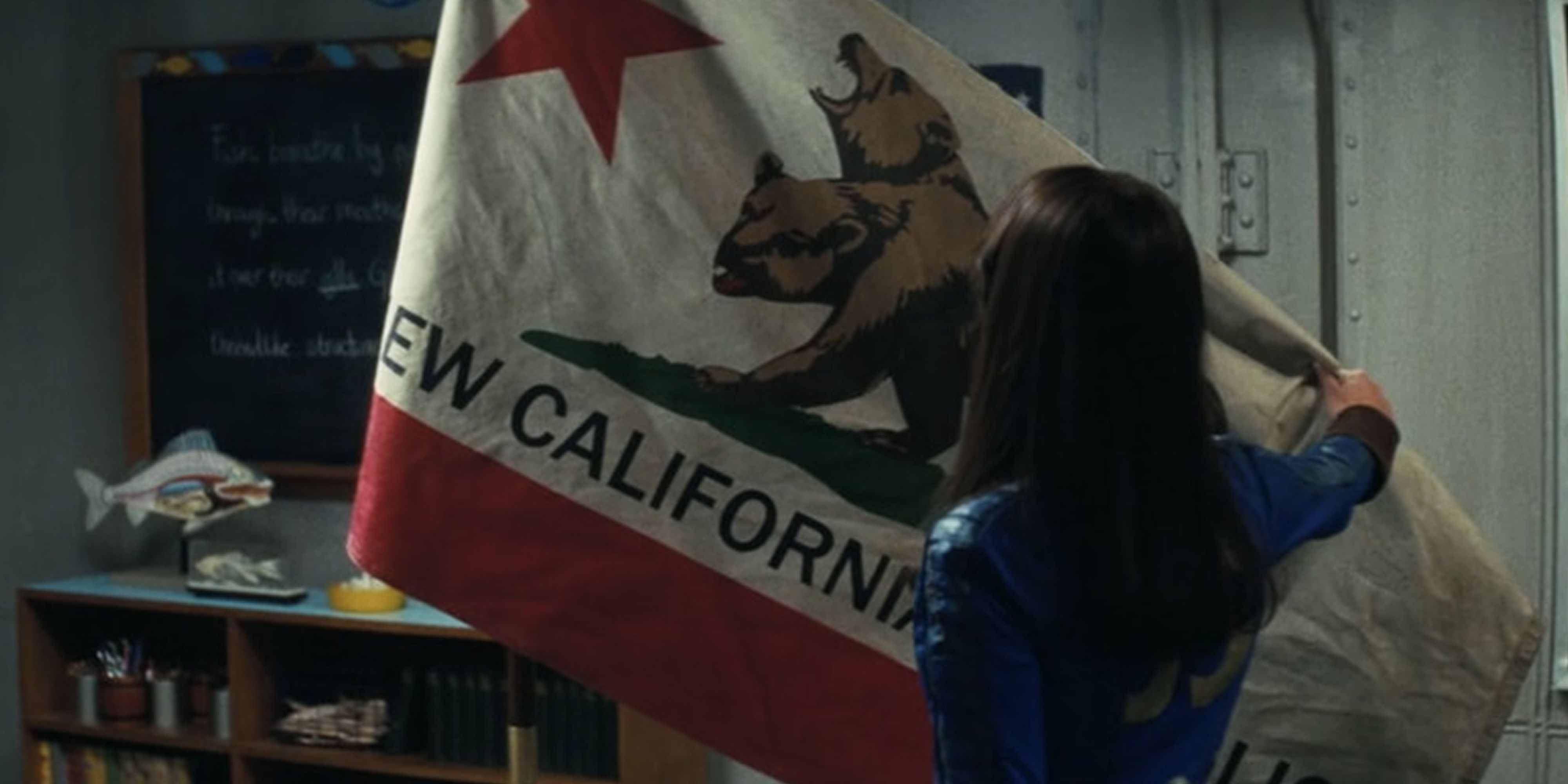 Fallout TV series Lucy unfurling the NCR flag in a vault classroom