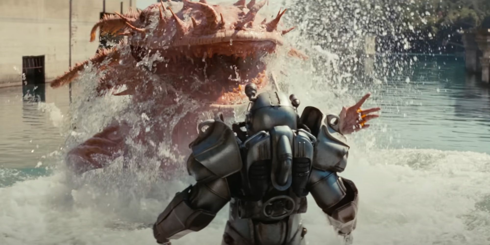 Fallout TV Show Gulper Creature emerging from the water to attack Maximus in power armor.