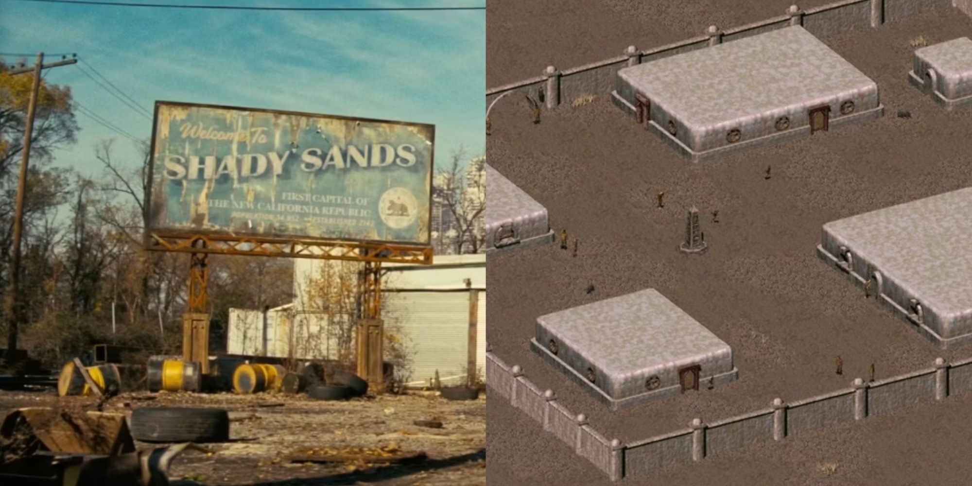 Split-image of the billboard for the abandoned Shady Sands area in the Fallout TV show and how Shady Sands appears in the original Fallout game.
