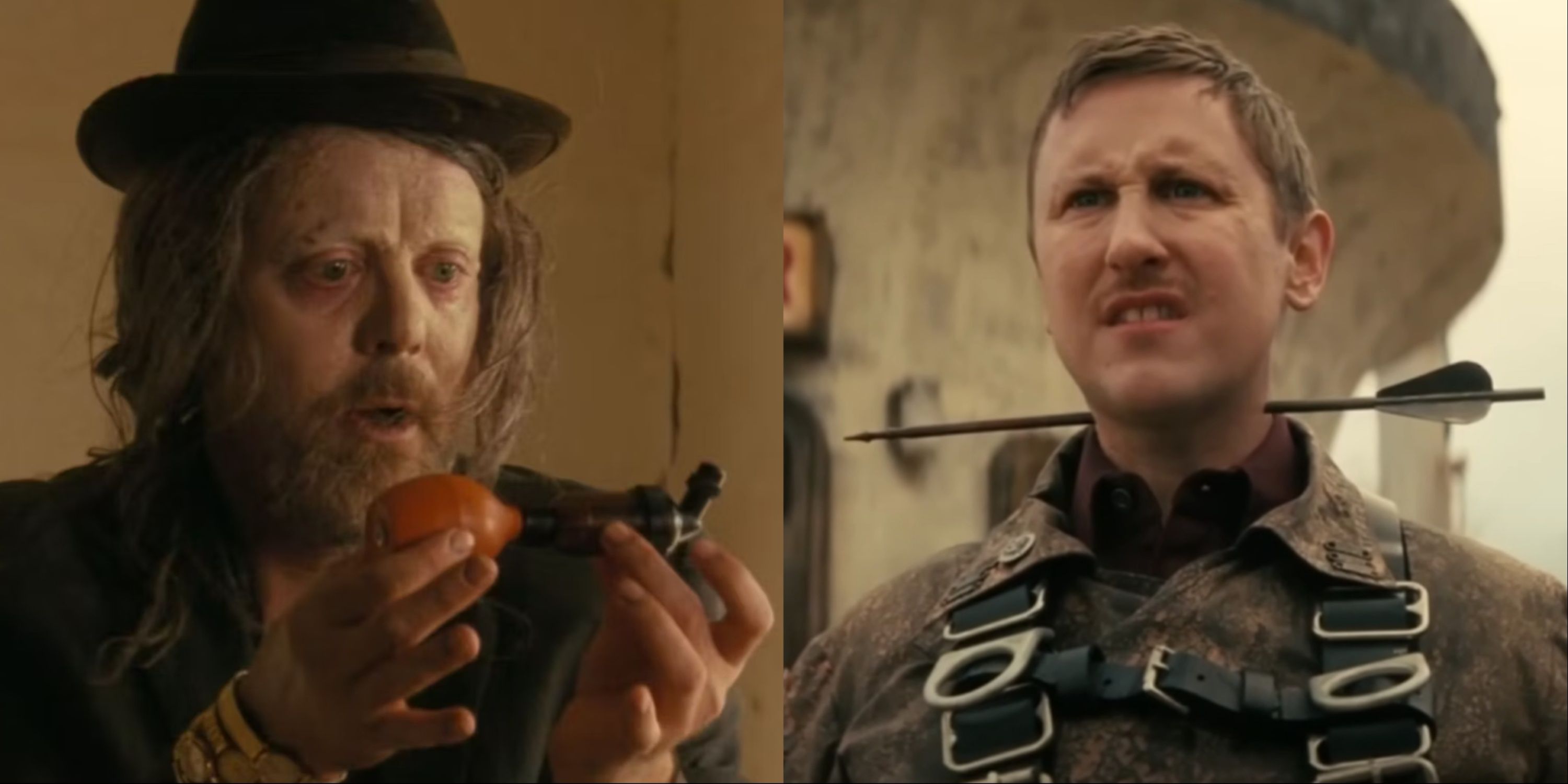 Split-image of the Snake Oil Salesman in Fallout presenting Thaddeus with his mysterious serum and Thaddeus with an arrow through his neck.