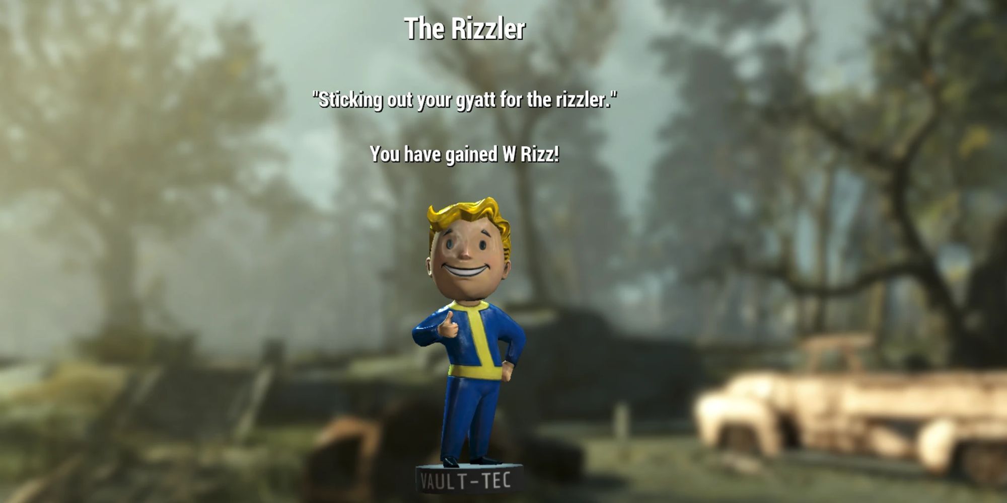 A mod that turns every mention of Charisma into Rizz in Fallout 4.