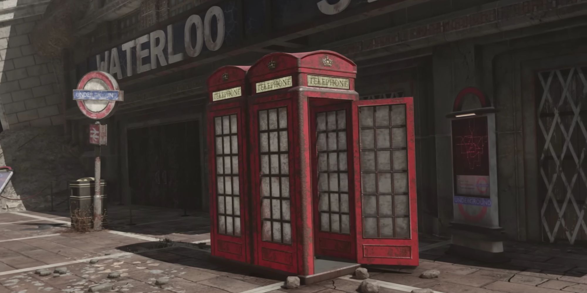A red phone booth in Fallout London.
