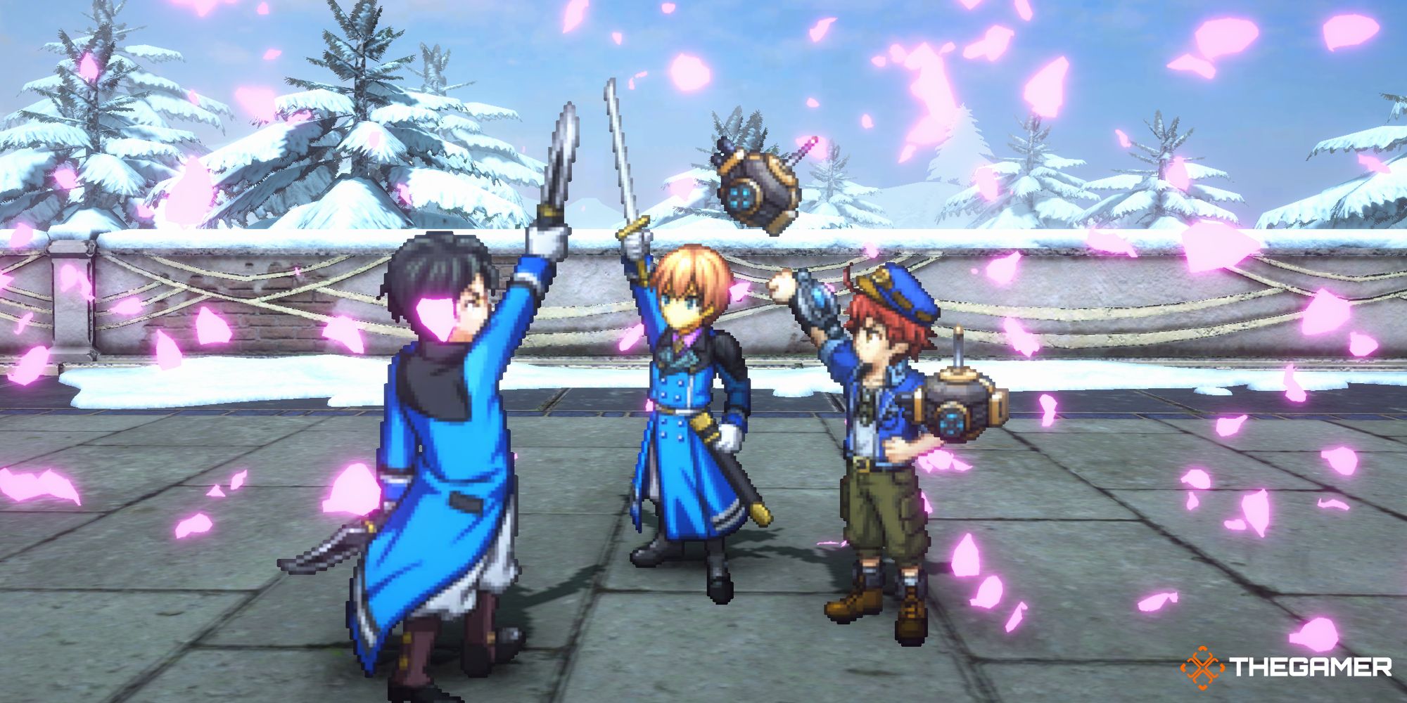 Feature image of Eiyuden Chronicle characters Seign, Valentin, and Pohl preparing their Young Imperials Hero Combo attack