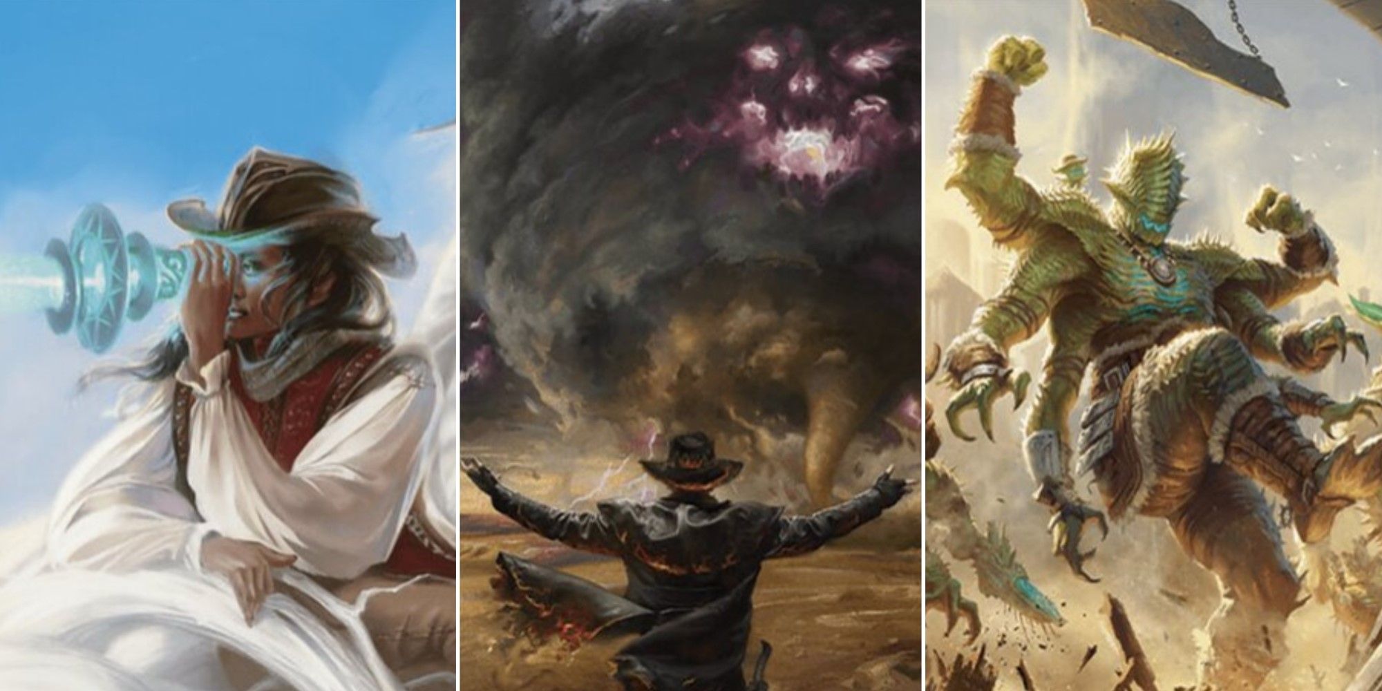 Artwork from three cards included in Magic: The Gathering's Desert Bloom Commander deck for Outlaws of Thunder Junction