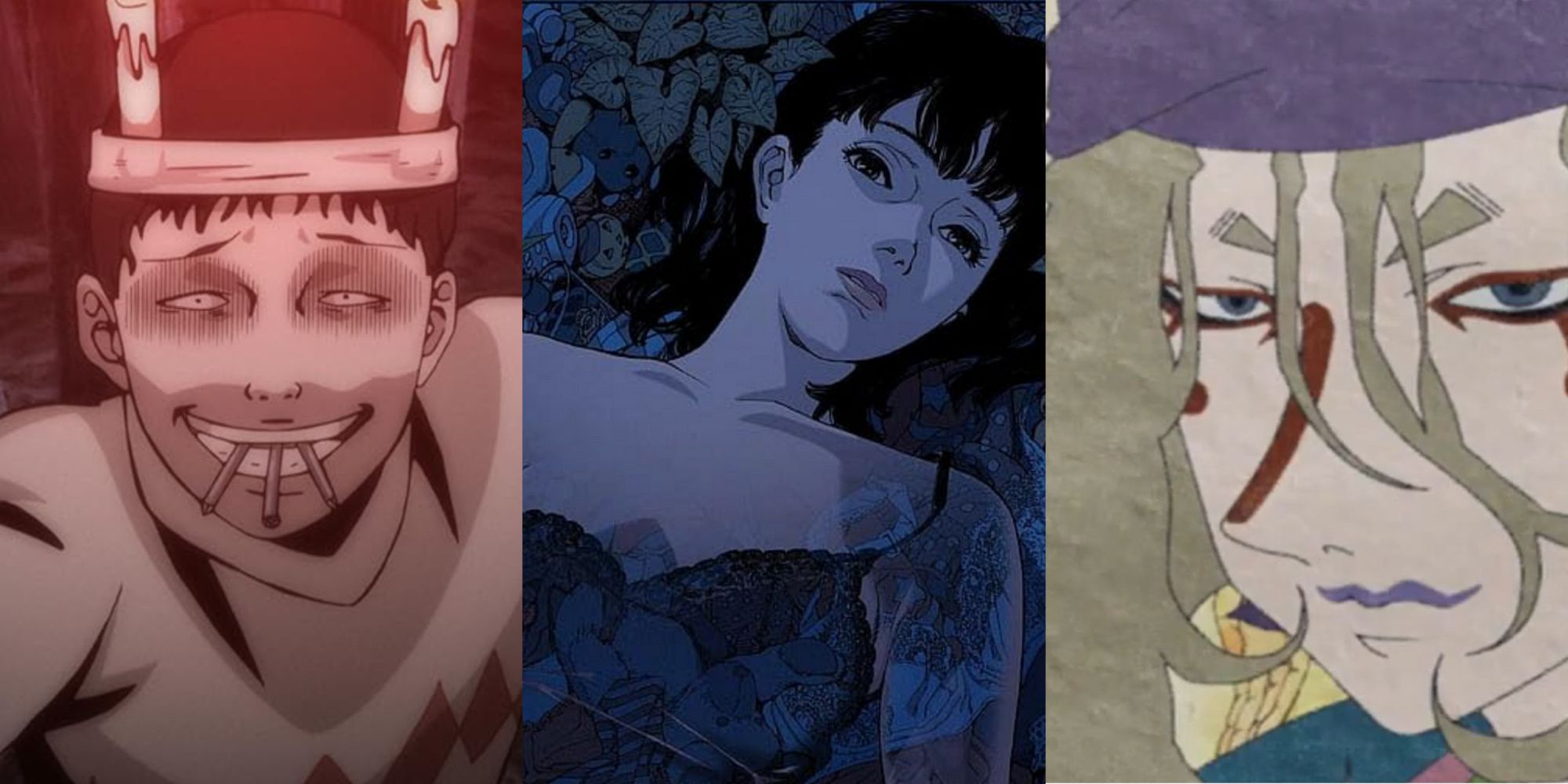 souichi Tsuiji from the Junji Ito Collection, Mimia Kirigoe from Perfect Blue, and The Medicine Seller from Mononoke
