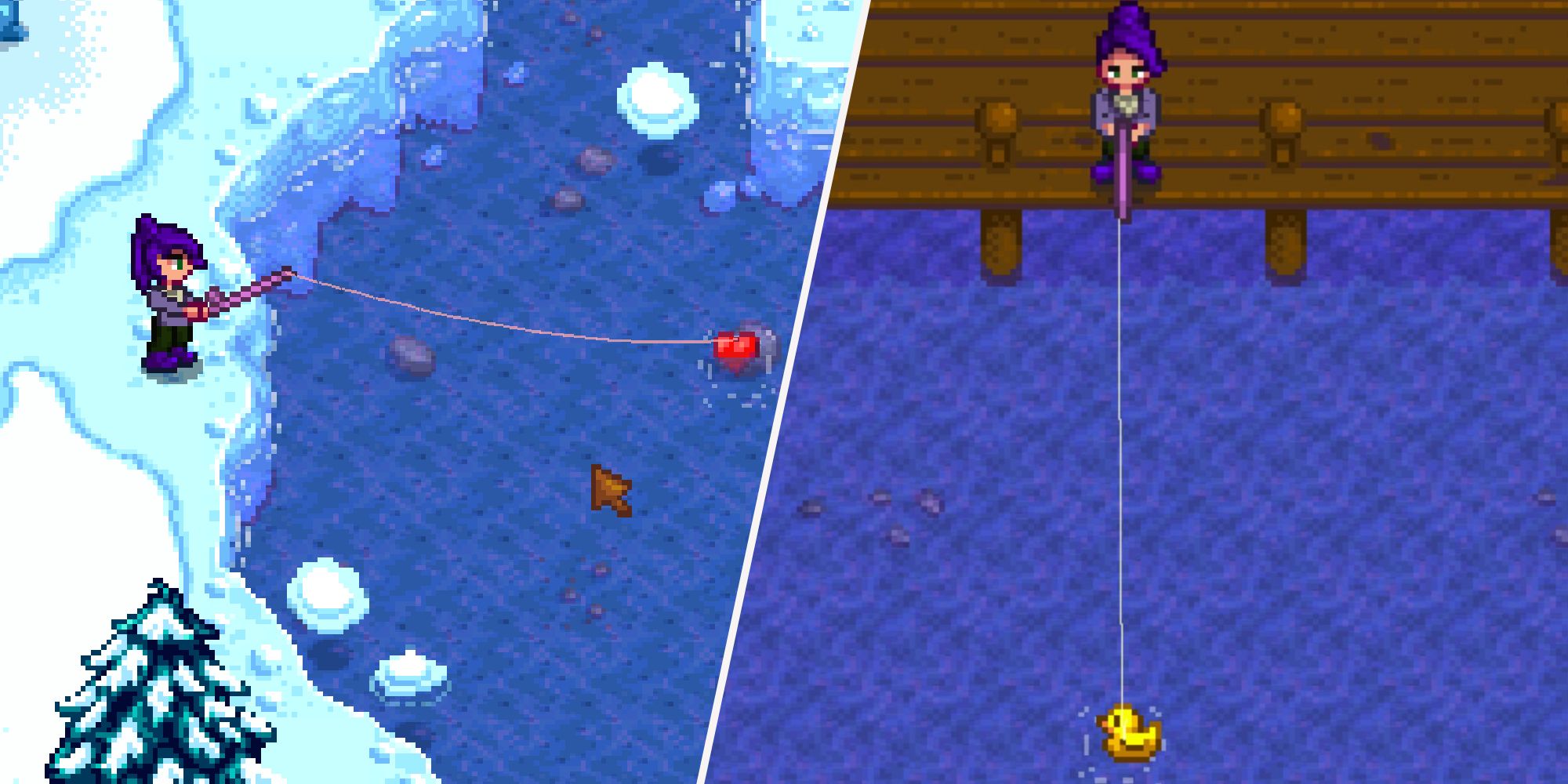 Fishing in Stardew Valley with the Heart and Rubber Duck Bobber Styles. 