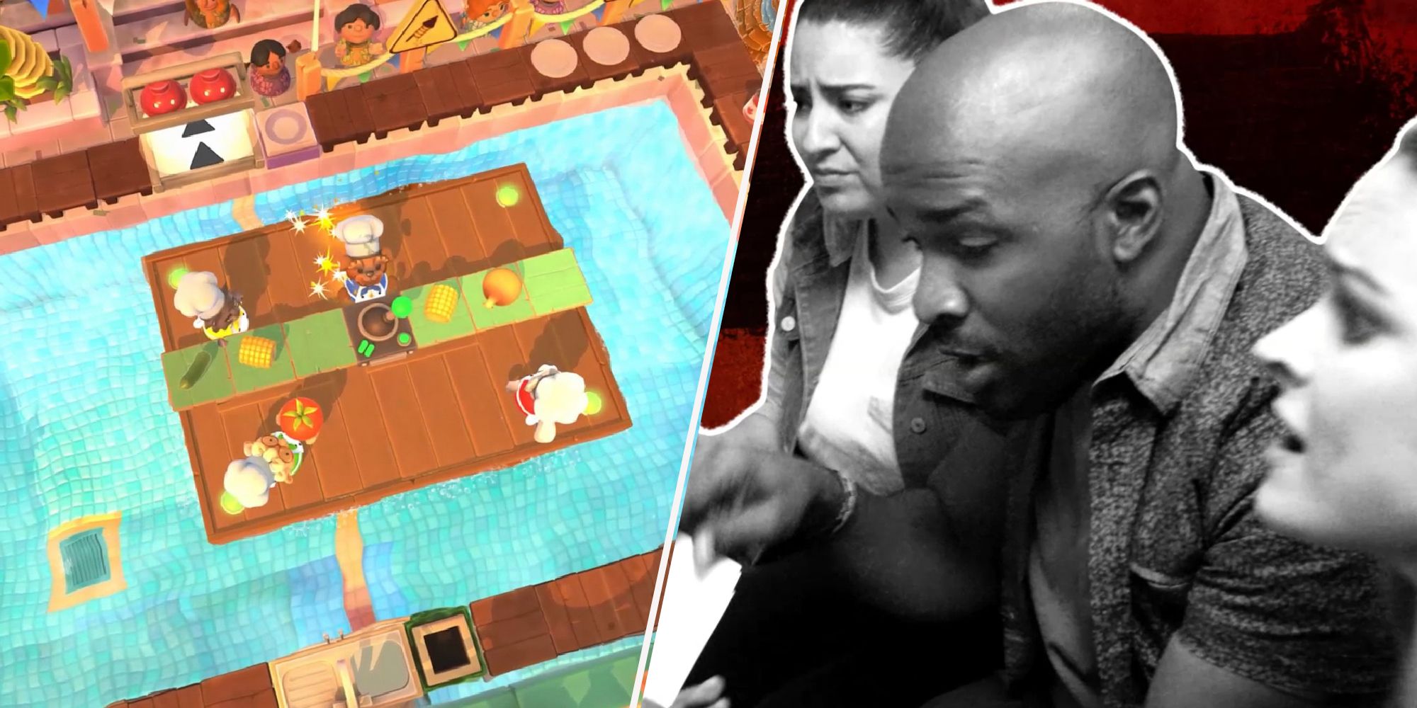 Gameplay from Overcooked All You Eat beside a couch of friends. 