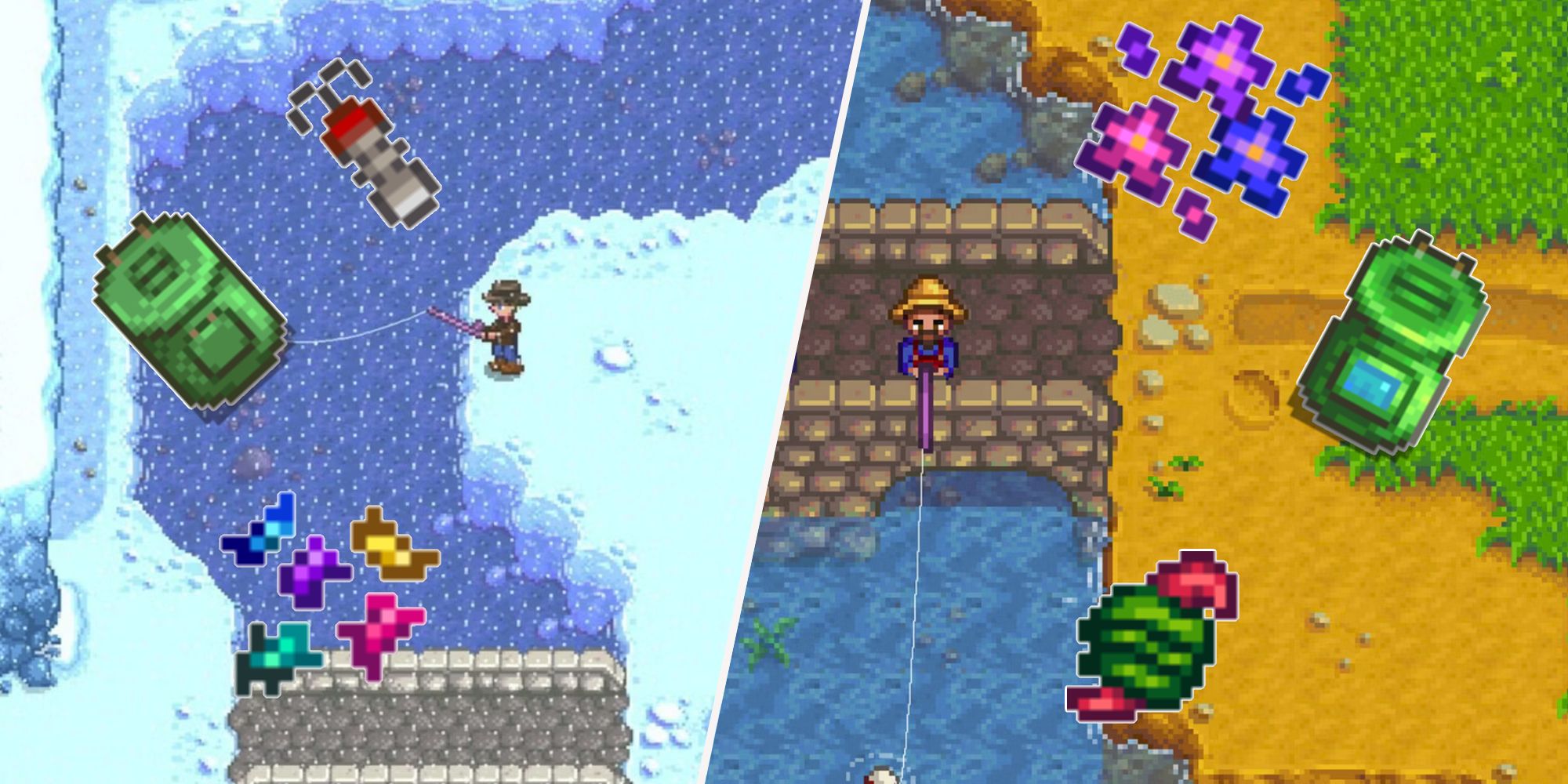 Two characters fish in diffrent Stardew Valley locations, examples of bait overlaid.
