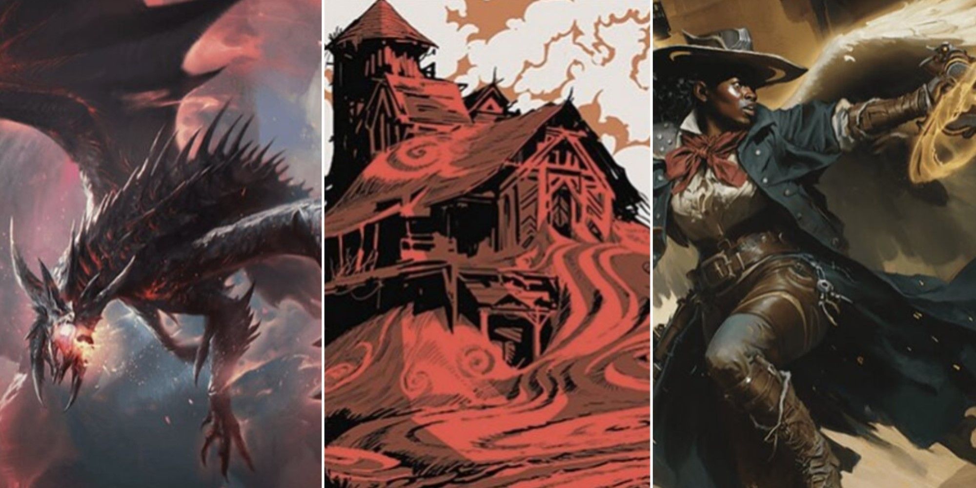 Artwork from three different Magic: The Gathering cards that were reprinted in the Outlaws of Thunder Junction set.