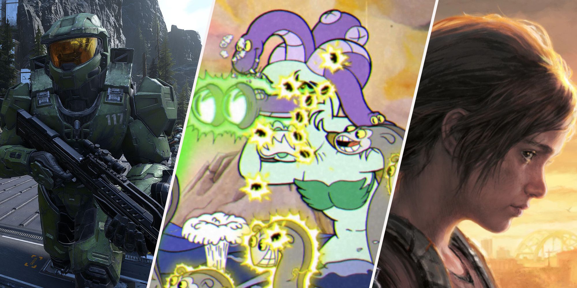 Master Cheif Running to camera, cuphead boss attack, and Ellie looking into distance