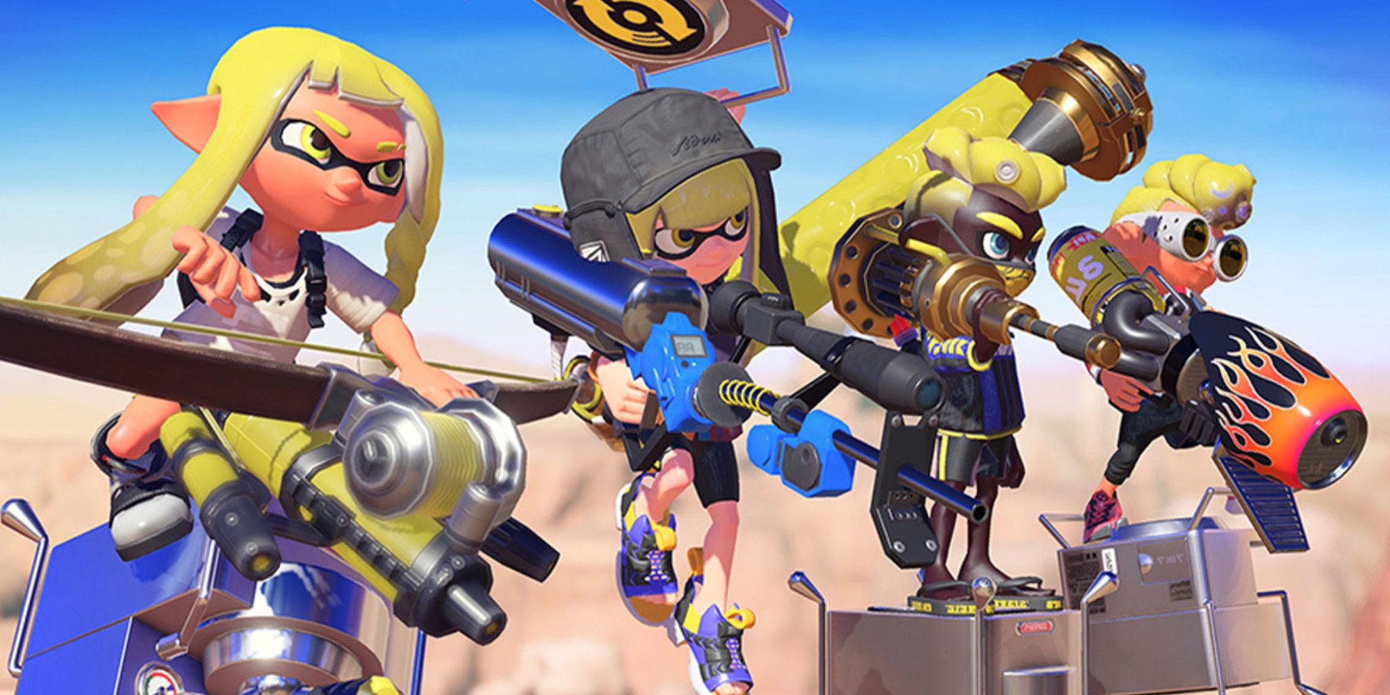 Four Inklings with various weapons floating in the air waiting to drop into a game