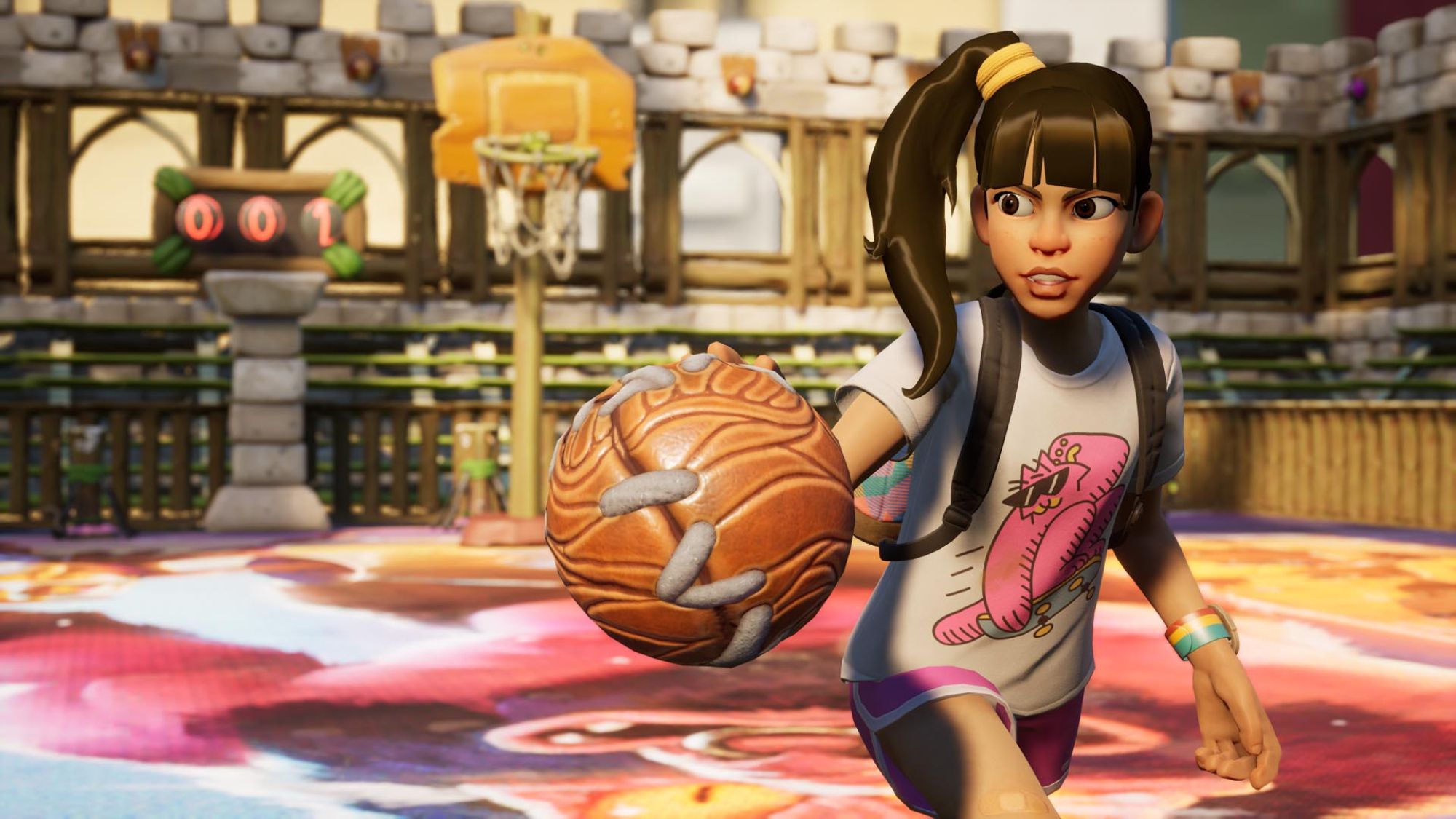 An image from Grounded of a character playing Basketball. To complete the From Downtown achievement, you will need to score a basket from a far distance.