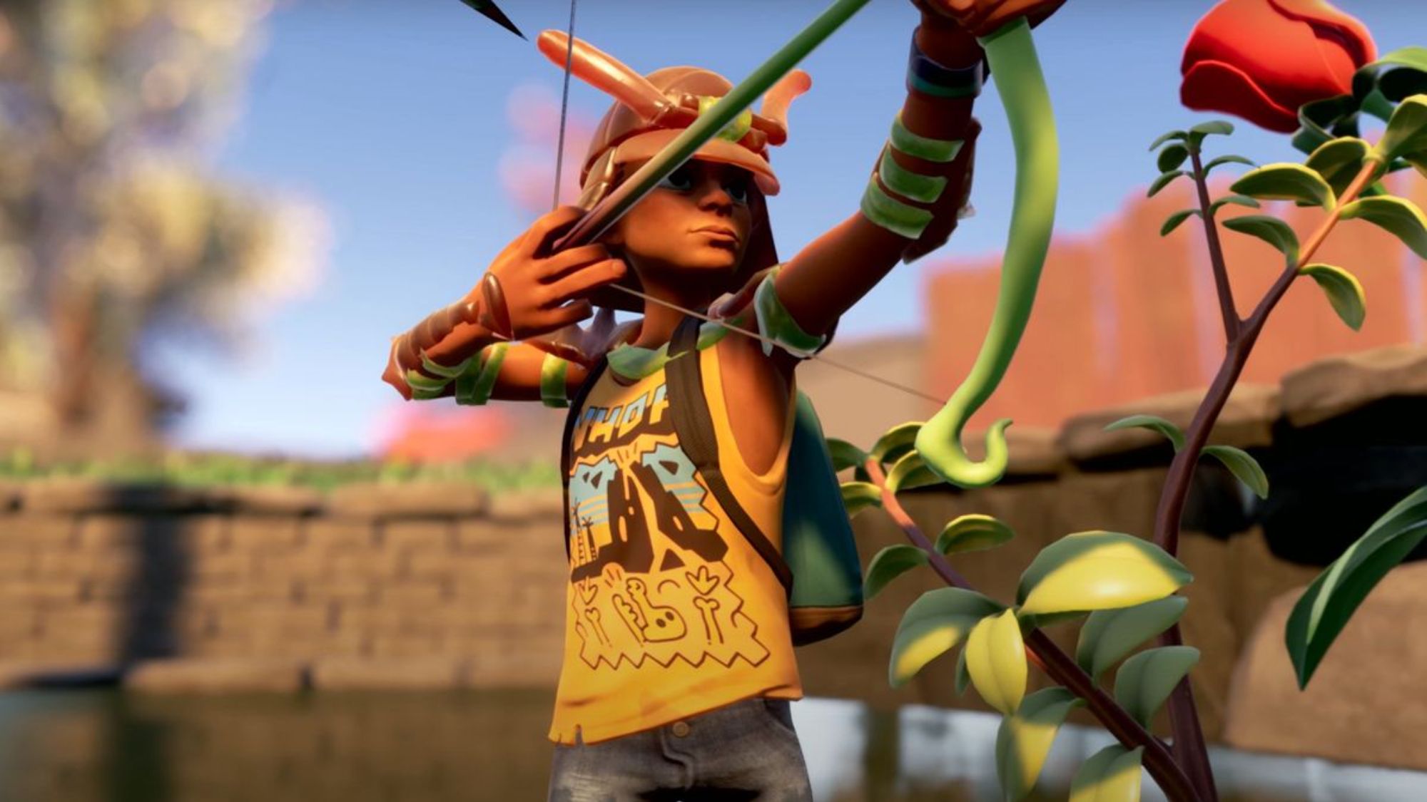 An image from Grounded of a character using the Bow And Arrow. This is needed for the Aim Small achievement, where you must snipe a small bug from 30 meters away.