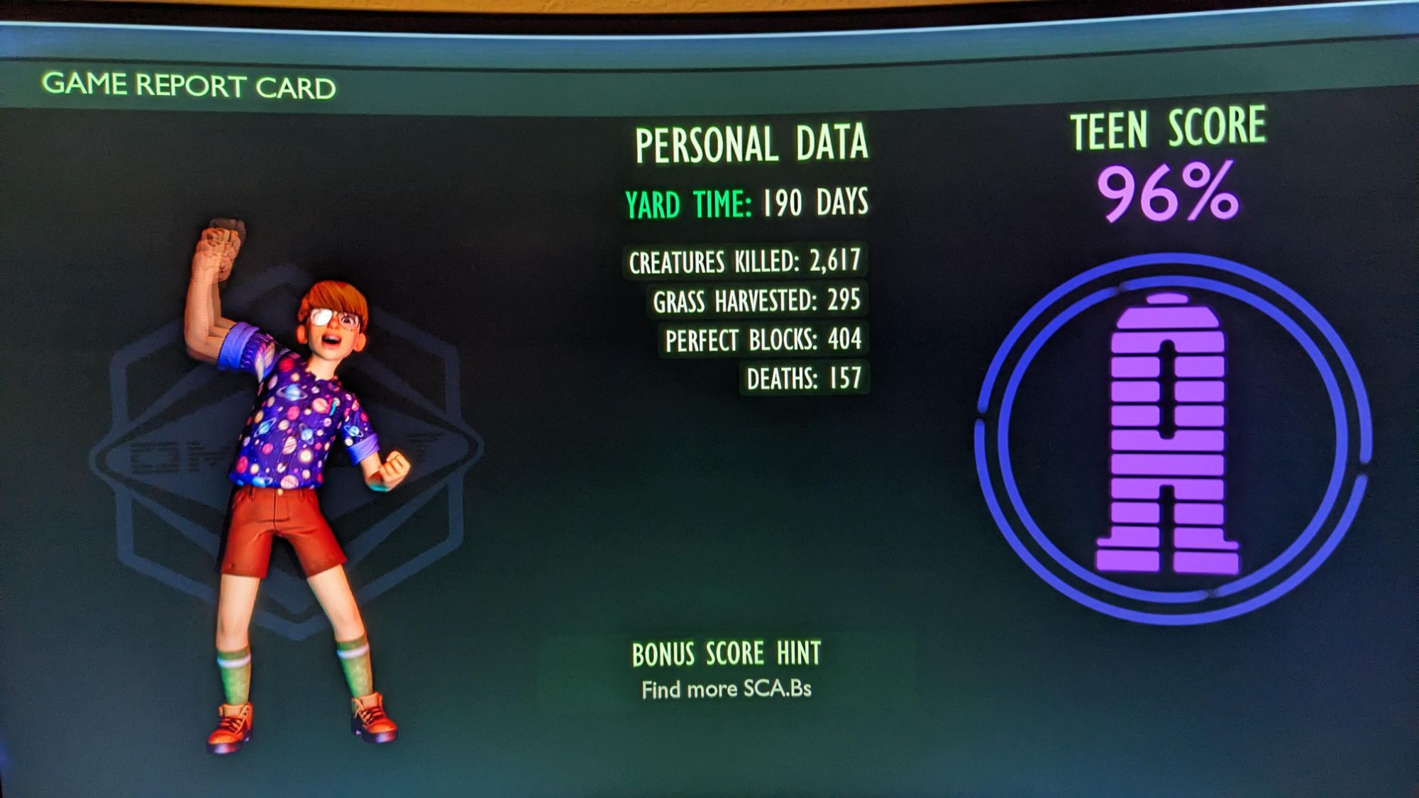 An image from Grounded of the End Game Report Card, which tells you the statistics of your entire playthrough.