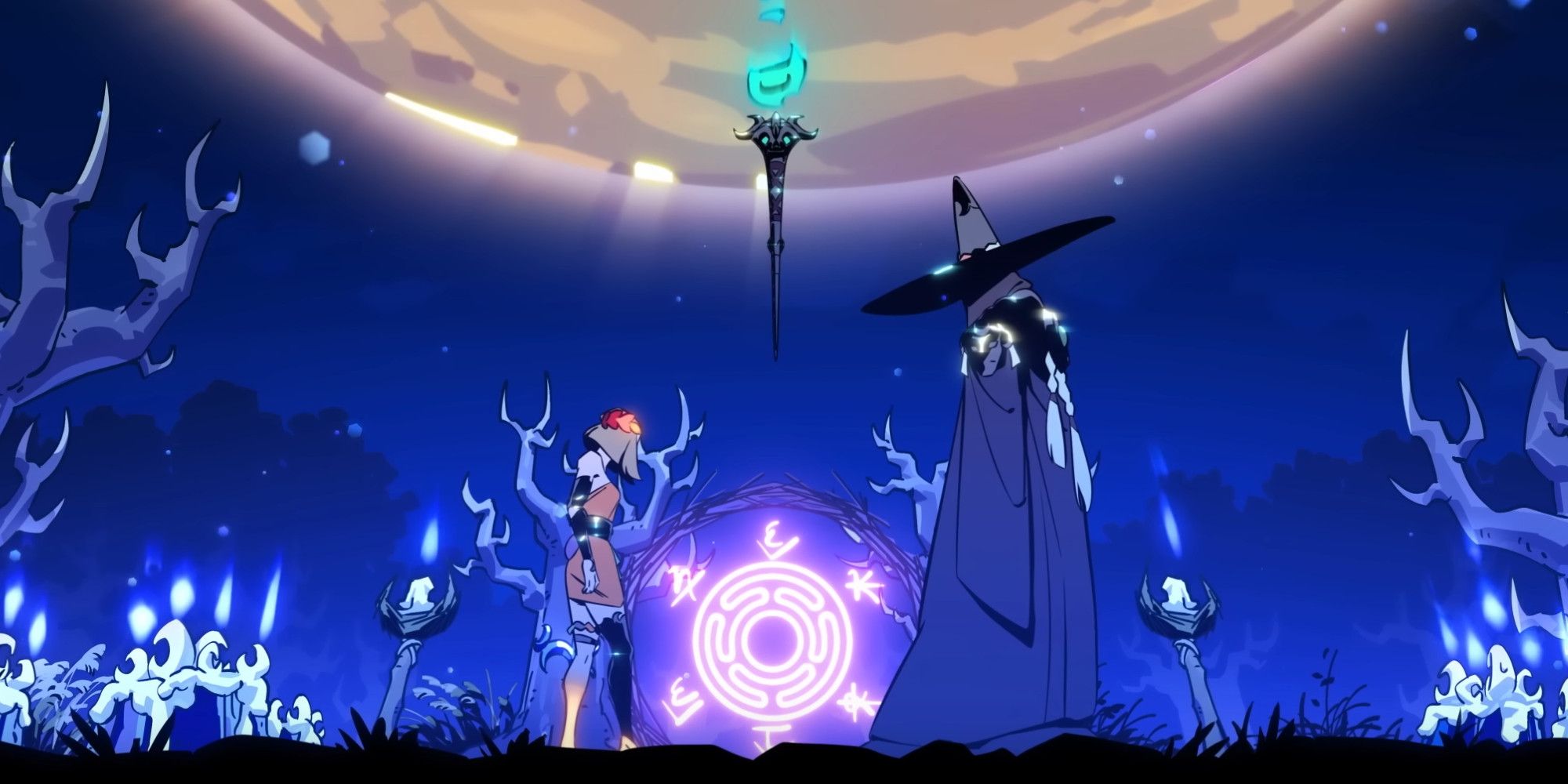 Hades 2 main character and a wizard standing in front of a portal underneath a large moon