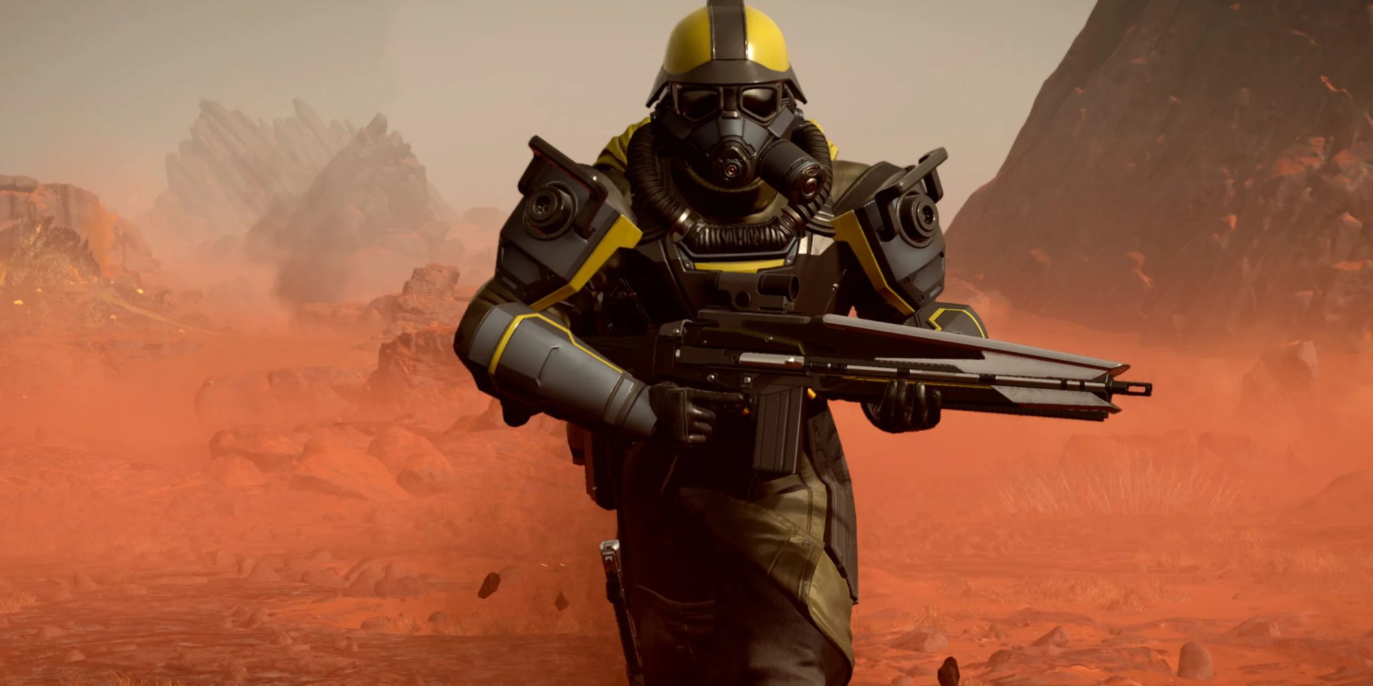 An image from Helldivers 2 of the CE-27 Groundbreaker Helmet, which has a filter on one side of the mask.