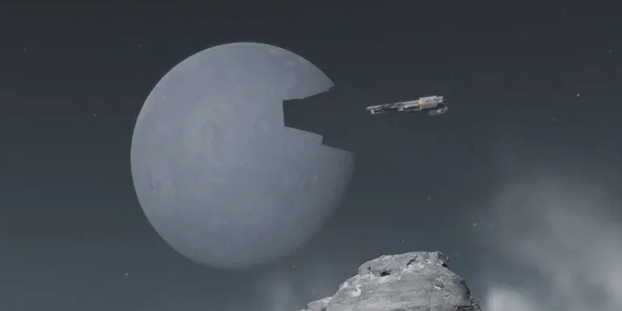 Helldivers 2 cloaked warship in the night sky casting a giant shadow on the moon