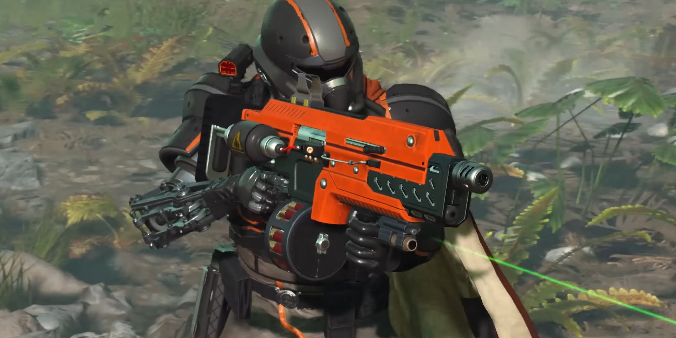 Helldivers 2 soldier pointing and aiming a breaker incendiary 