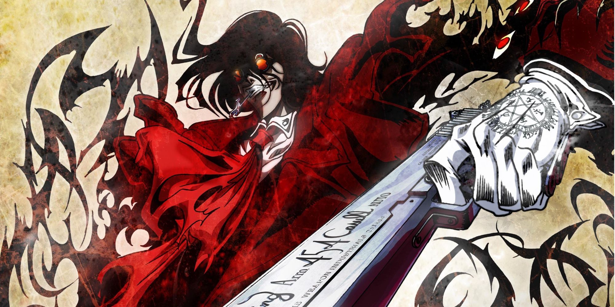 Hellsing Ultimate cover image, Alucard holding gun while grinning