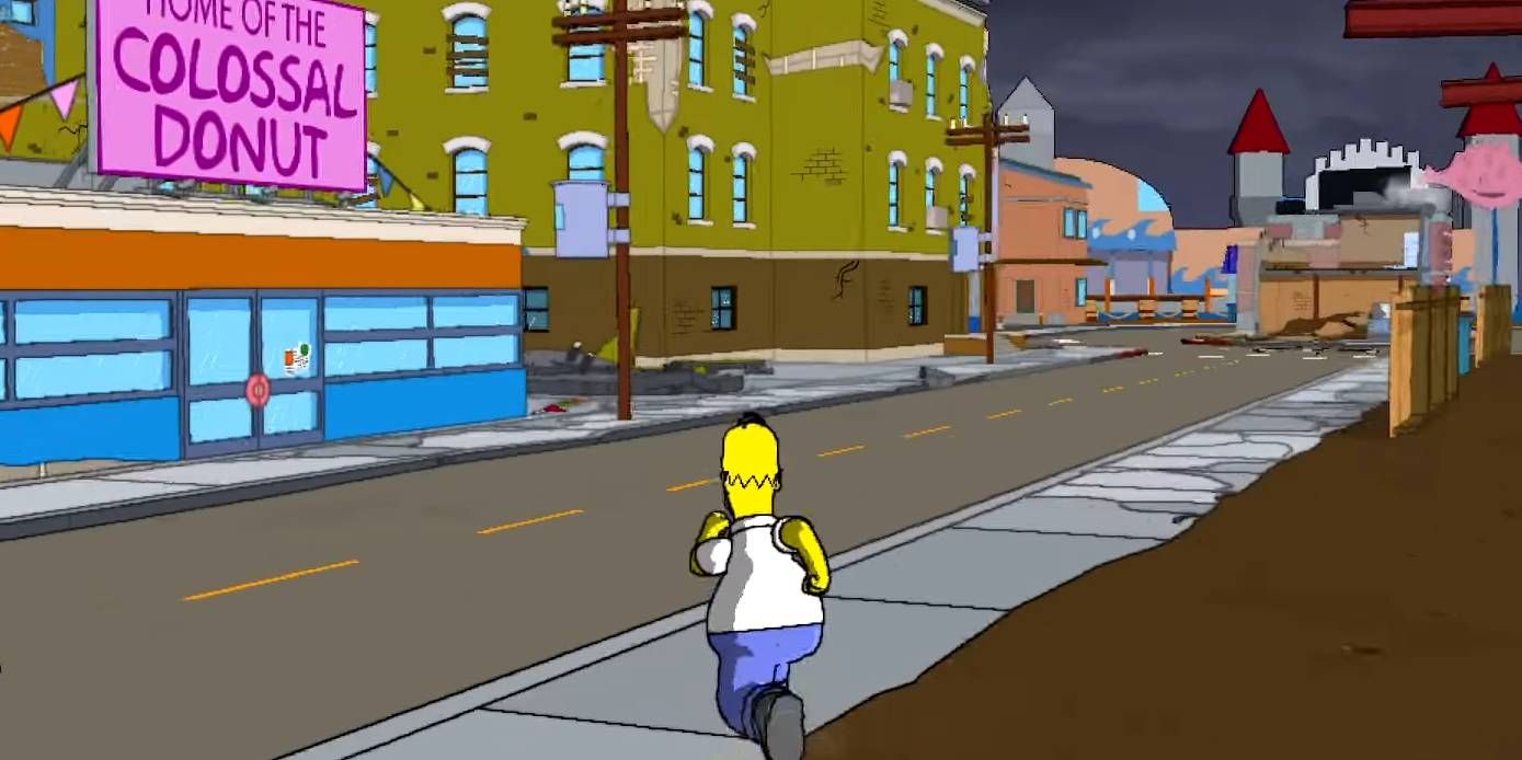 Homer Simpson running around Springfield in The Simpsons Game