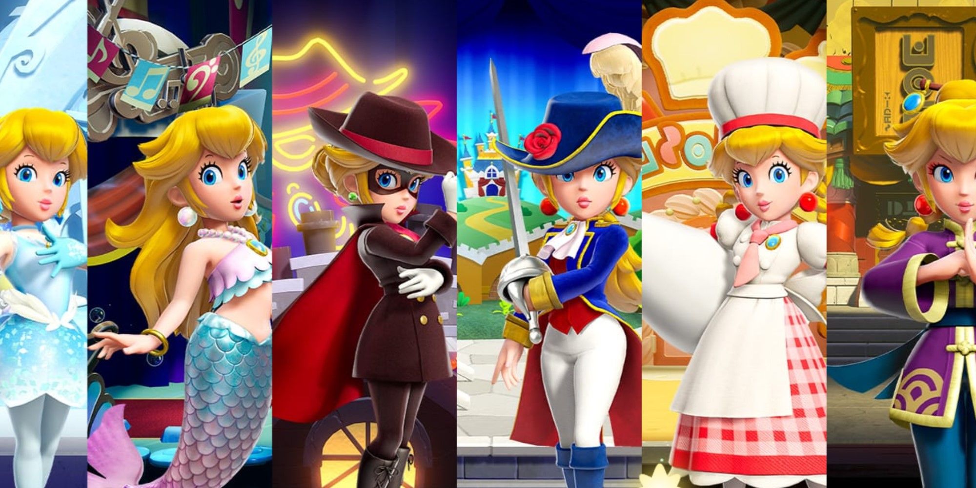 Princess Peach in a variety of different outfits in Princess Peach: Showtime!